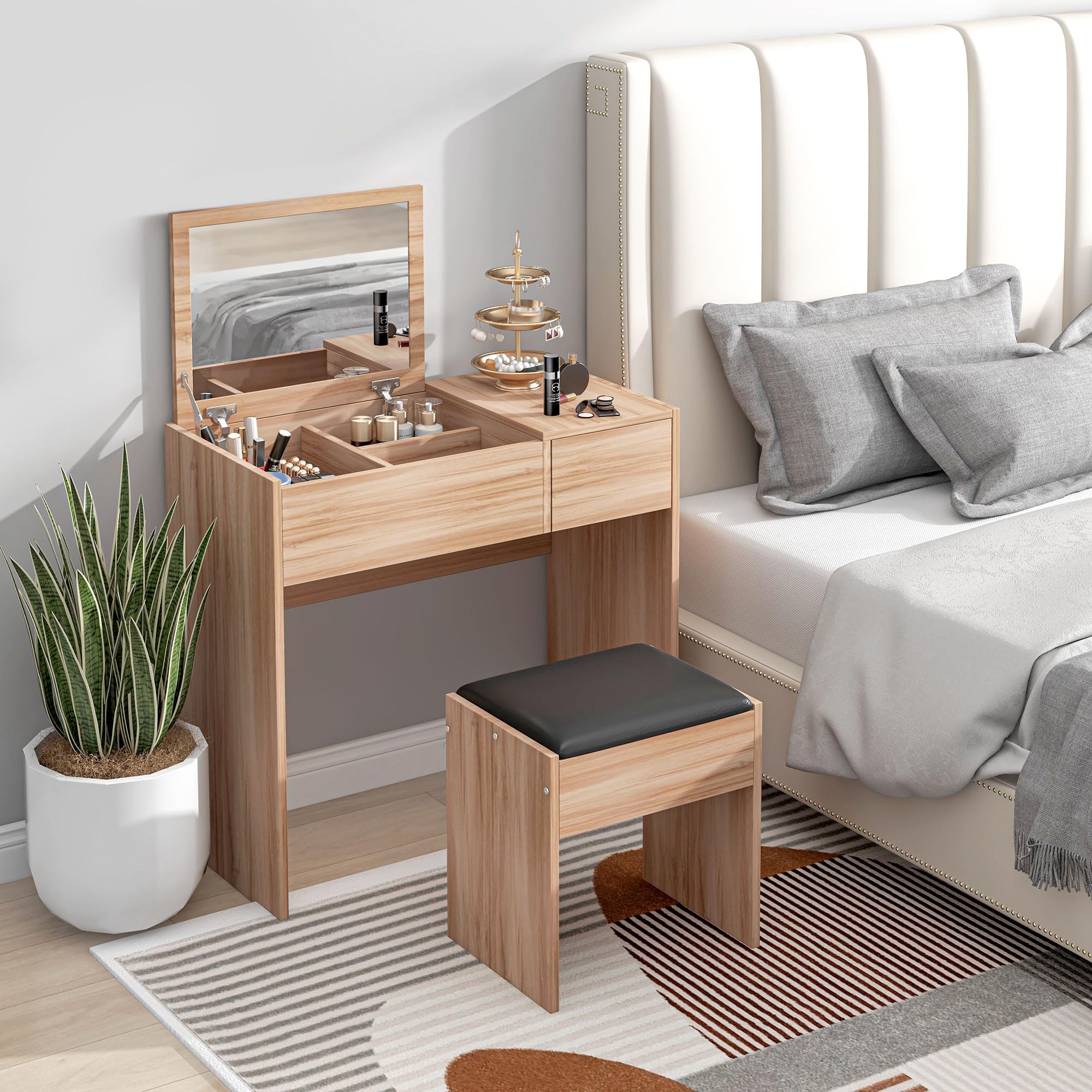 HOMCOM Makeup Vanity with Stool, Flip Mirror & Storage - 80x40x79cm for Home Beauty
