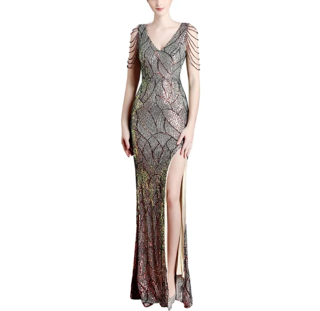 Mordarli Women's V Neck Sequin Prom Dress Formal Gown Long Evening Dress with Crystal Beading - Elegant Party Gown for Homecoming, Wedding, Ball & Special Occasions