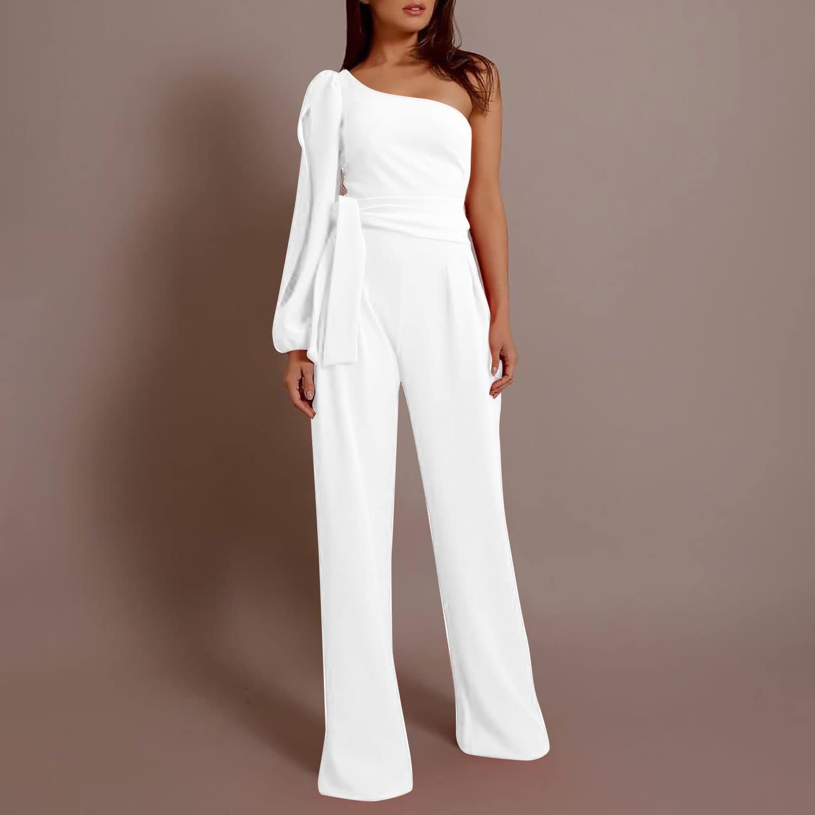 Trendy Women's Summer Jumpsuits 2024 - High Waist Tie Overalls, One Shoulder Romper for Cruise, Party & Vacation | Cute Dressy Outfits (White, Large) | Perfect for Beach Getaways, Date Nights & Summer Festivals