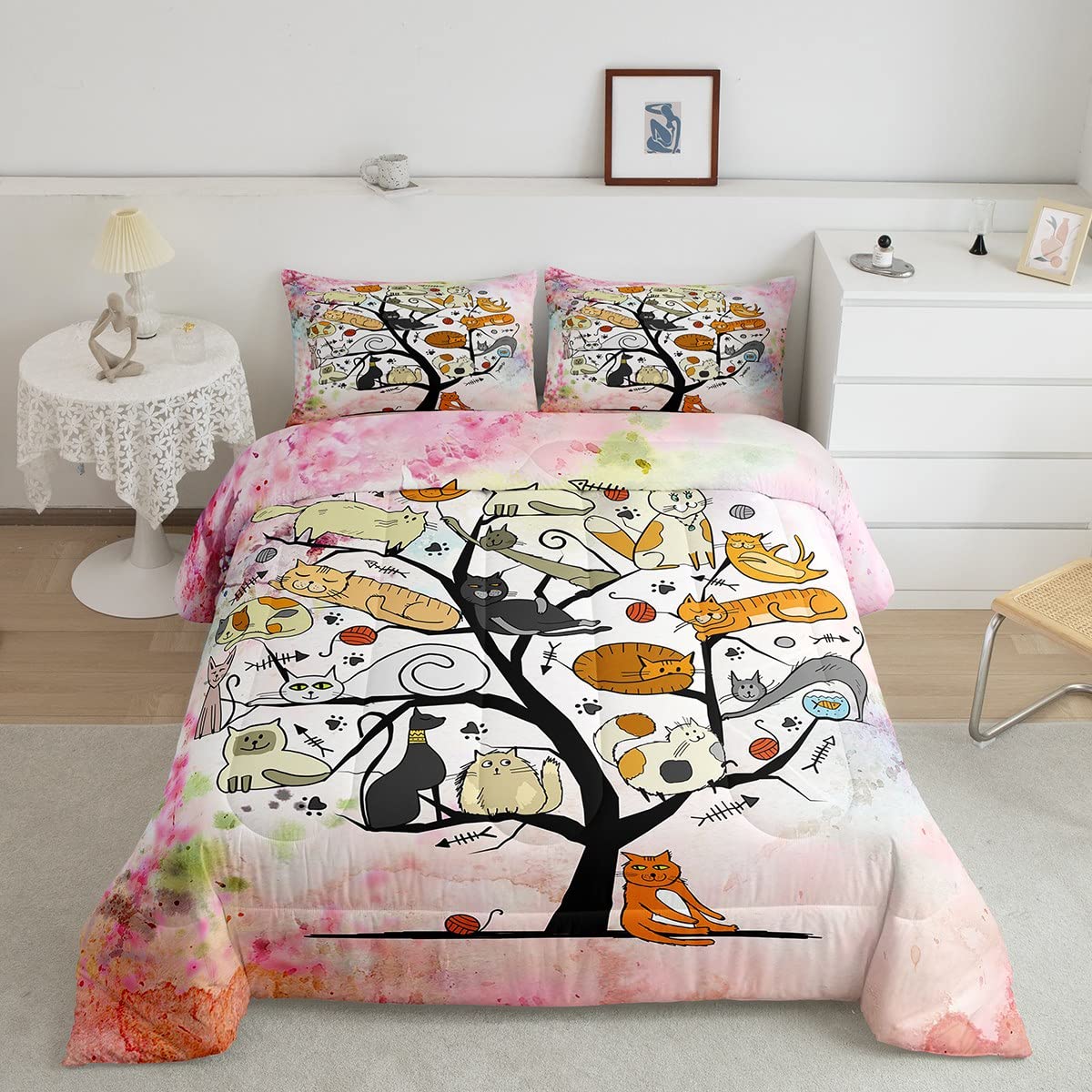 Cute Cat Comforter Set Twin Size - Geometric Black Tree Duvet Cover & Watercolor Tie Dye Quilted Bedding Set (2-Piece) with Pillowcase for Kids, Girls, Teens & Boys Room Decor | Perfect for Bedroom, Dorm & Sleepover
