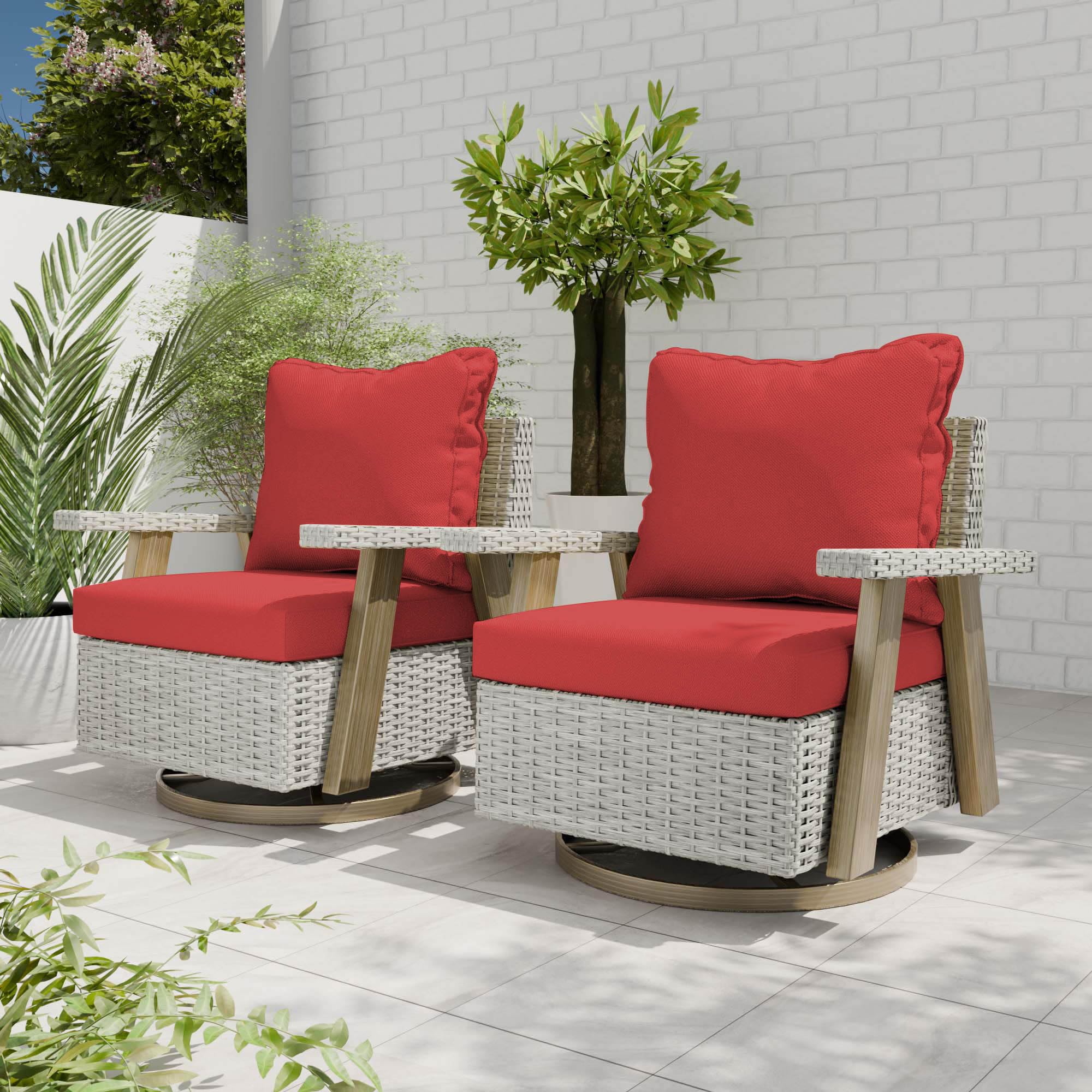 2-Piece Outdoor Swivel Rocking Chair Set - Rattan Wicker Patio Furniture with Cushion for Porch, Deck, Balcony & Garden (Red) | Perfect for Relaxing, Entertaining & Outdoor Conversations
