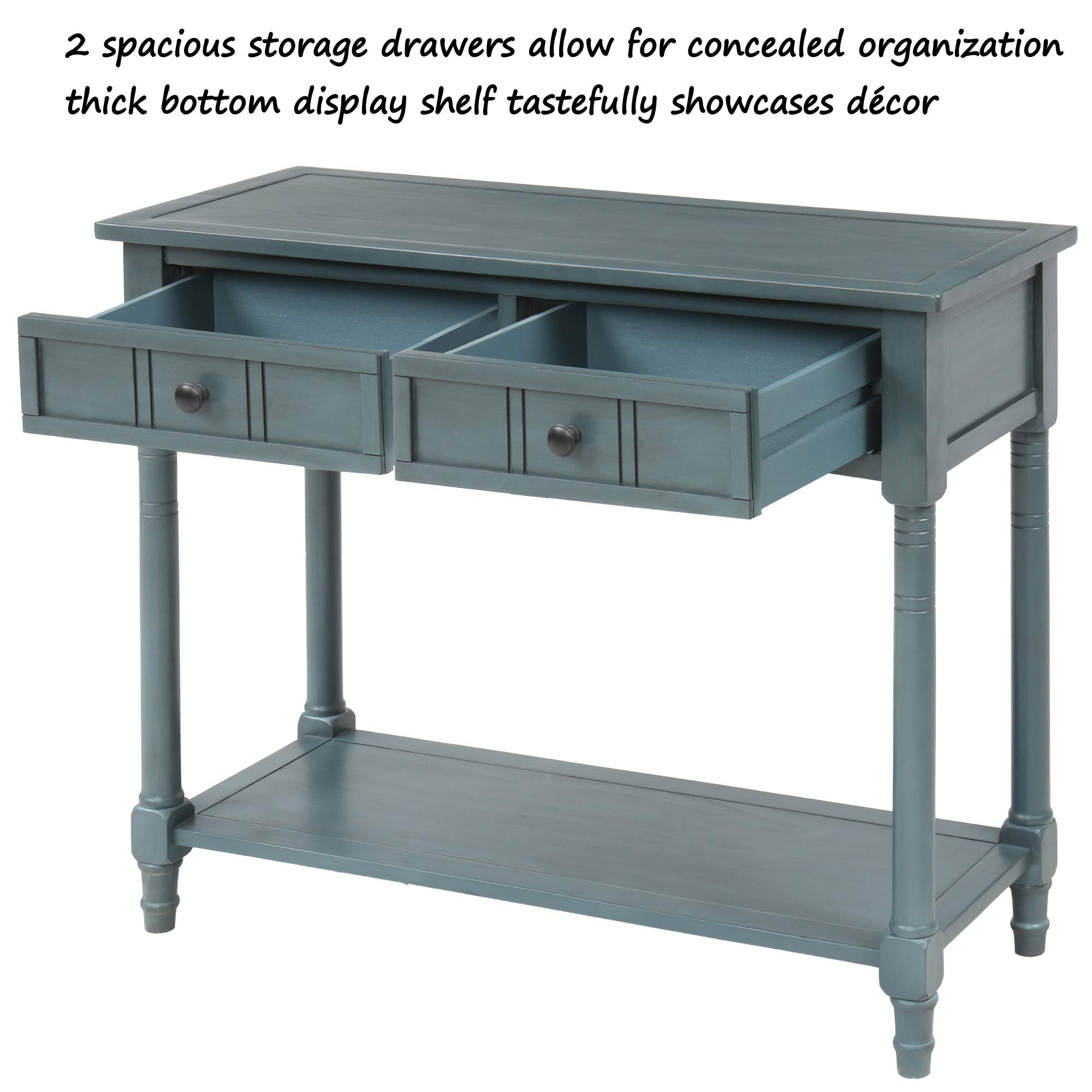 P PURLOVE Wooden Sofa Table with 2 Storage Drawers - Entryway Console Table for Living Room, Hallway & Bedroom - Navy Blue Modern Side Table with Bottom Shelf for Home Decor