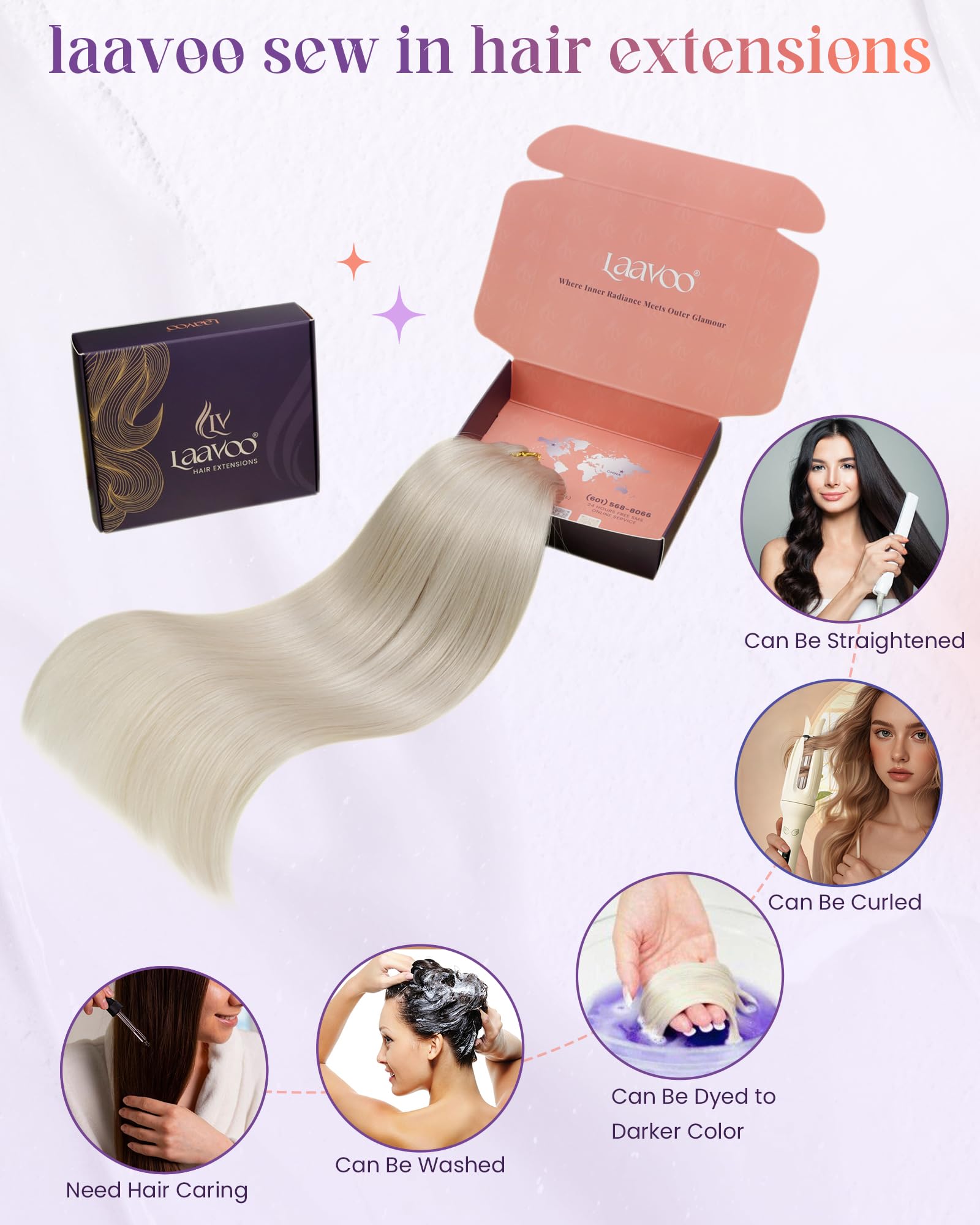 LaaVoo 24 Inch 120g Real Human Hair Extensions - Platinum Blonde Sew-in Weft for Long Straight Hair | Perfect for Styling, Volume Boost & Special Occasions