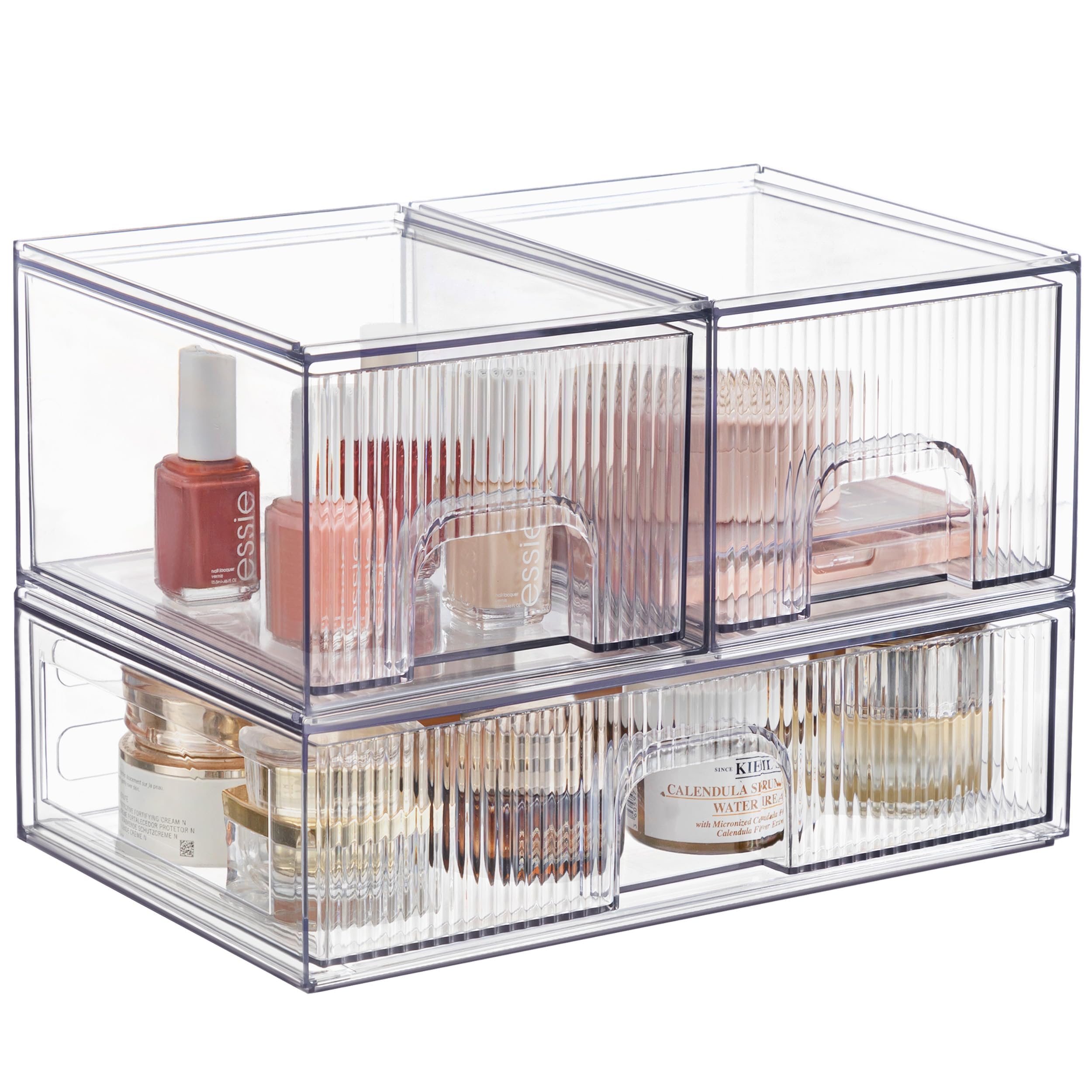 Clear Stackable Desk Storage Drawers - 3 Pack Acrylic Organizer Bins for Bathroom, Makeup, Pantry & Cabinet | Easy Assembly Multipurpose Plastic Drawers for Vanity, Undersink & Brightroom Organization | Perfect for Home, Office & Dorm Room Storage Solutions