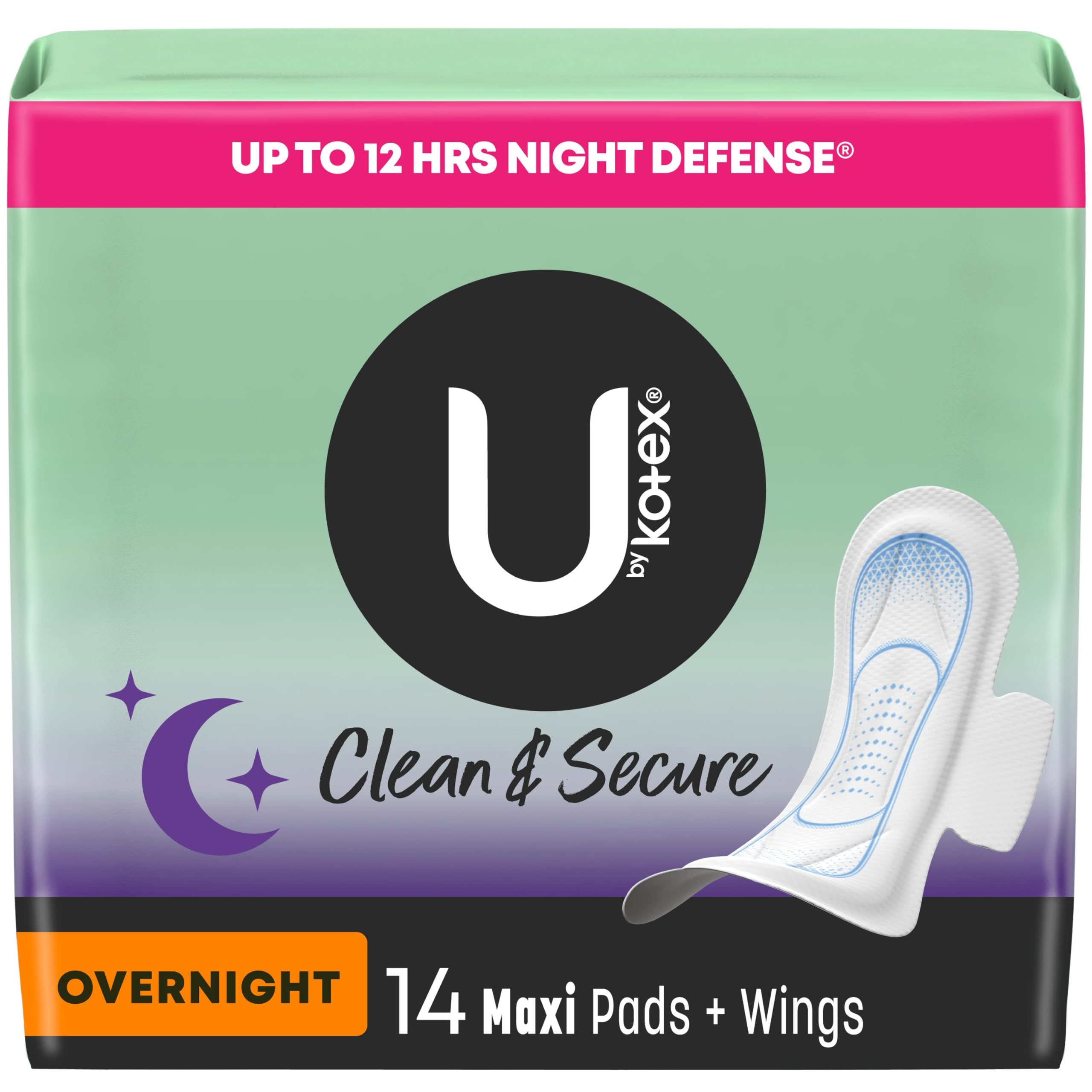 U by Kotex Maxi Pads with Wings - Ultra Thin Overnight Pads for Heavy Flow, 14 Count (Packaging May Vary) | Leakproof & Comfortable Protection for Nighttime Use, Period Days & Postpartum Care