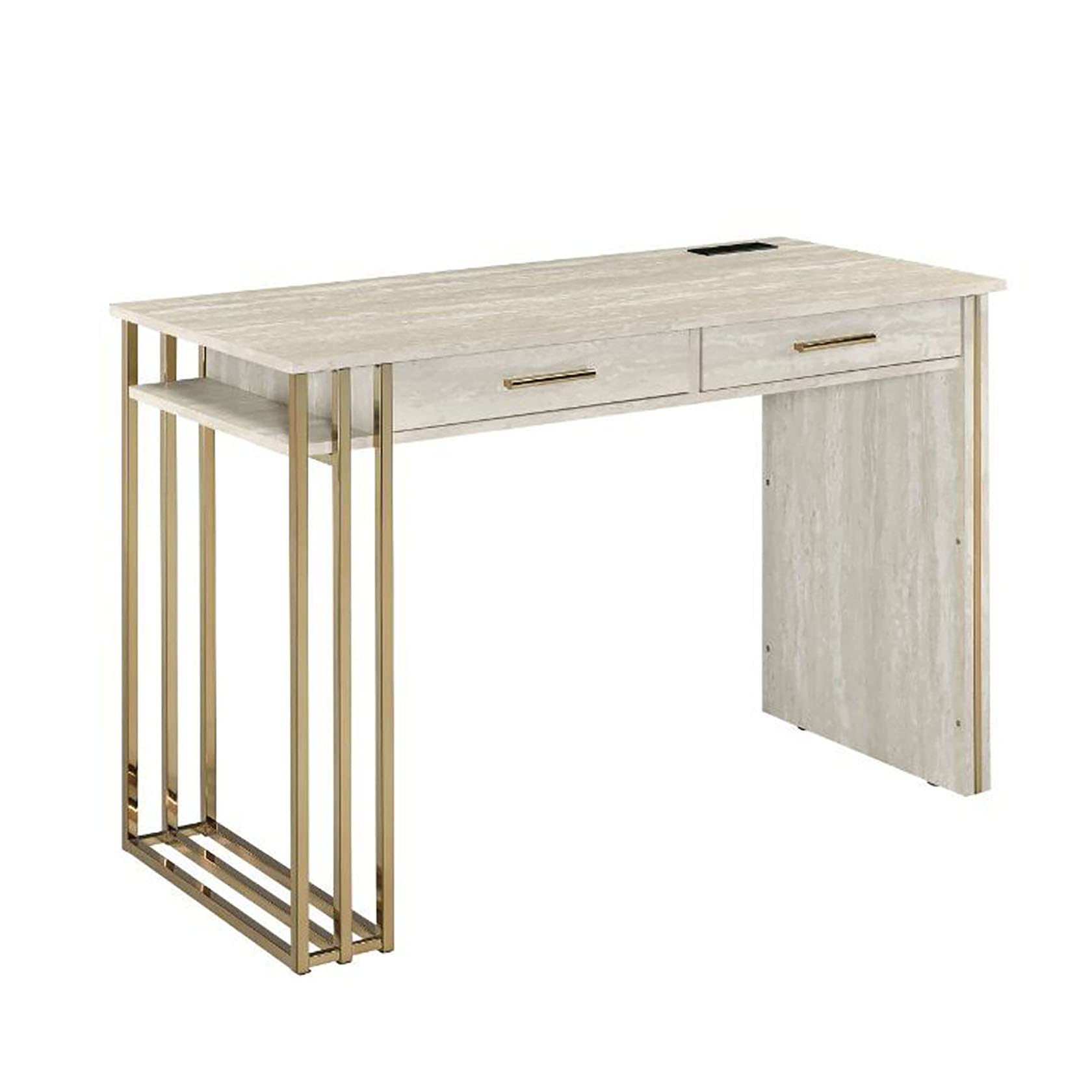 NYCSUOANI Modern Computer Desk with Built-in USB Ports, 2 Drawers & Antique White & Gold Finish - Home Office Laptop Desk, Writing Desk & Makeup Vanity Table for Small Spaces & Bedroom Workspaces