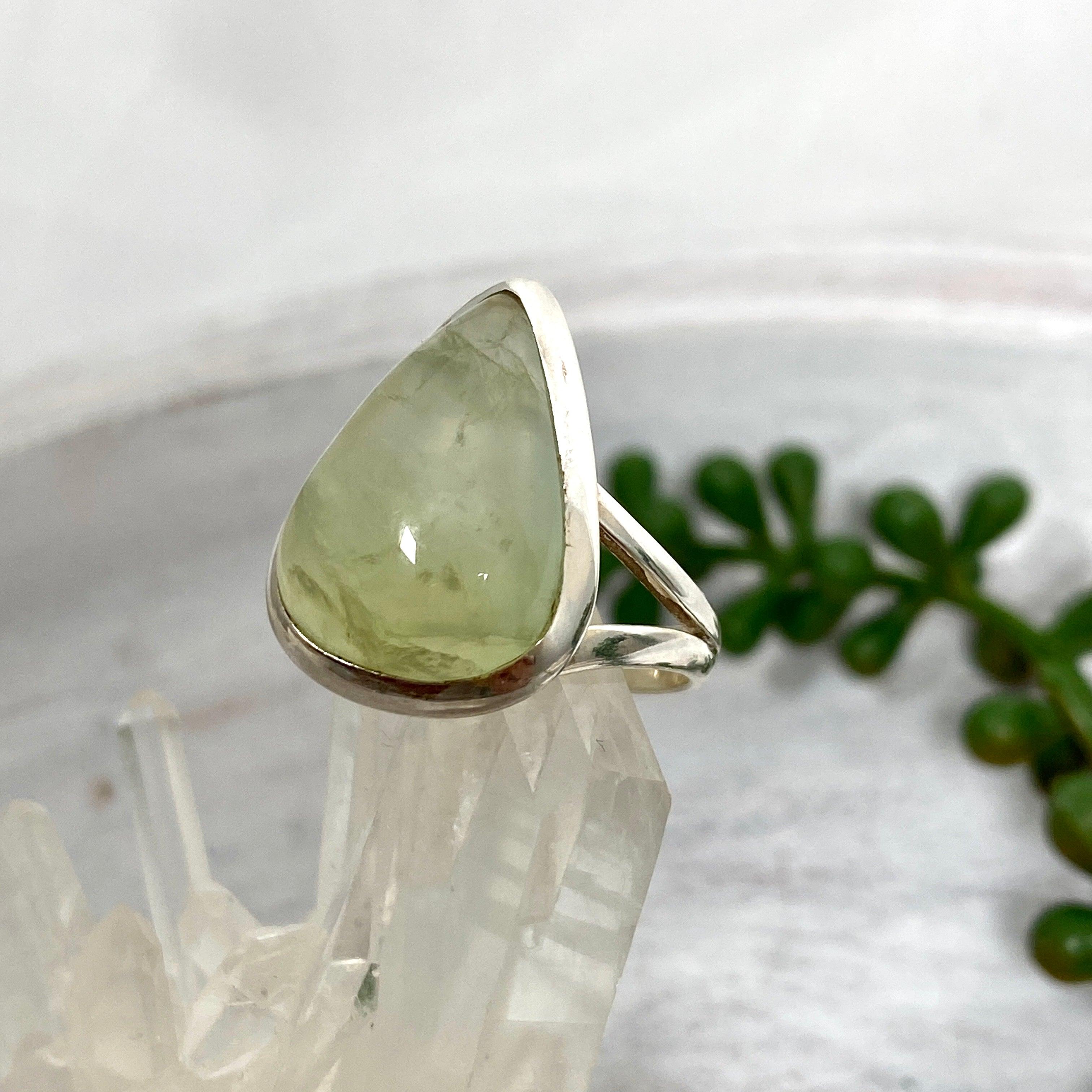 Prehnite Teardrop Ring - Sterling Silver 925, Size 9, KRGJ2465 - Elegant Jewelry for Women, Perfect for Weddings, Parties & Everyday Wear