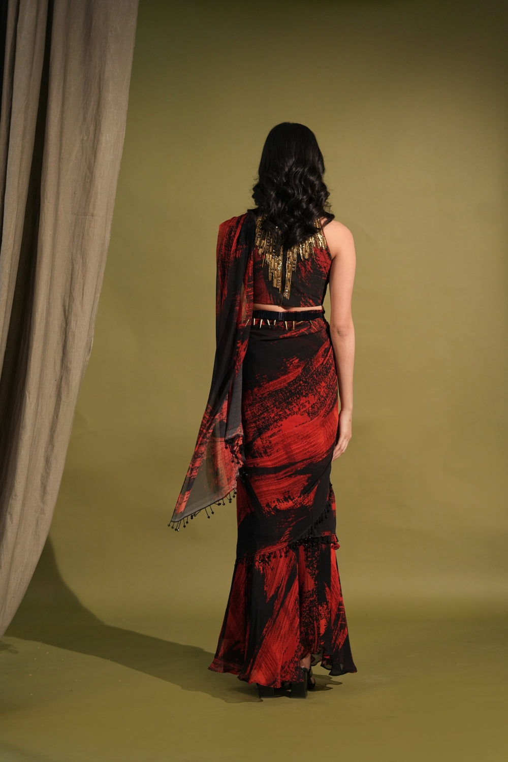 Elegant Red & Black Printed Saree Blouse Belt Set with Metallic Gold Embellishments - Perfect for Indian Weddings, Festivals & Special Occasions