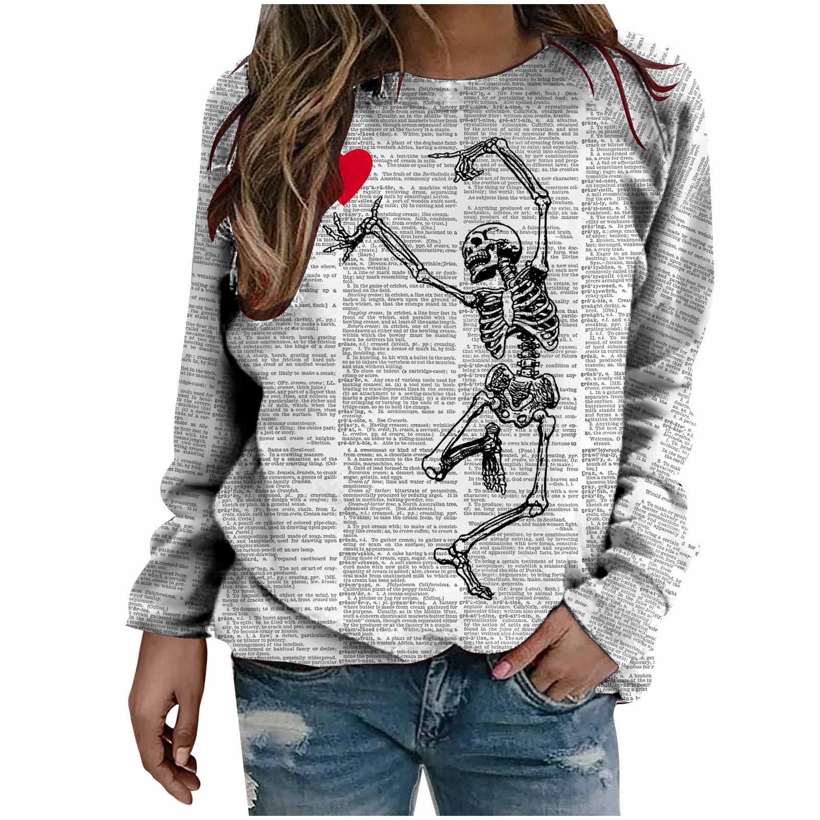 Vintage Graphic Tee Shirts for Women - Fall Long Sleeve Crewneck T-Shirt, Trendy Casual Tunic with Skull Print | Perfect for Halloween, Casual Outfits, and Streetwear Fashion