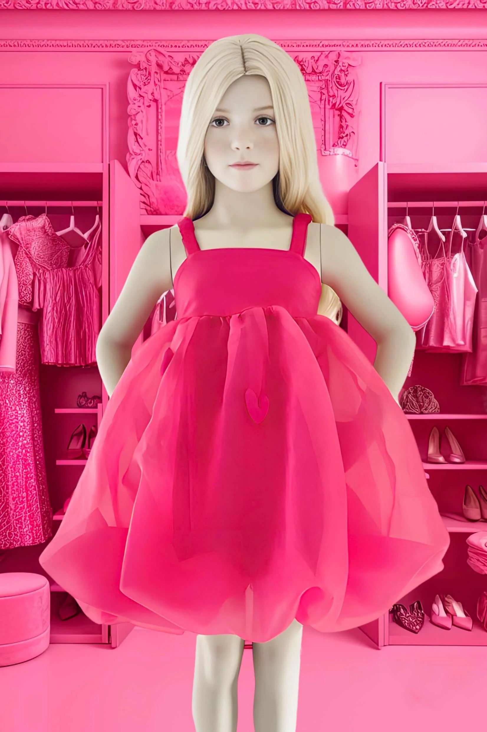 Elegant Hot Pink Satin Organza Heart Puffball Dress for Women - Perfect for Valentine's Day, Prom, Party & Special Occasions