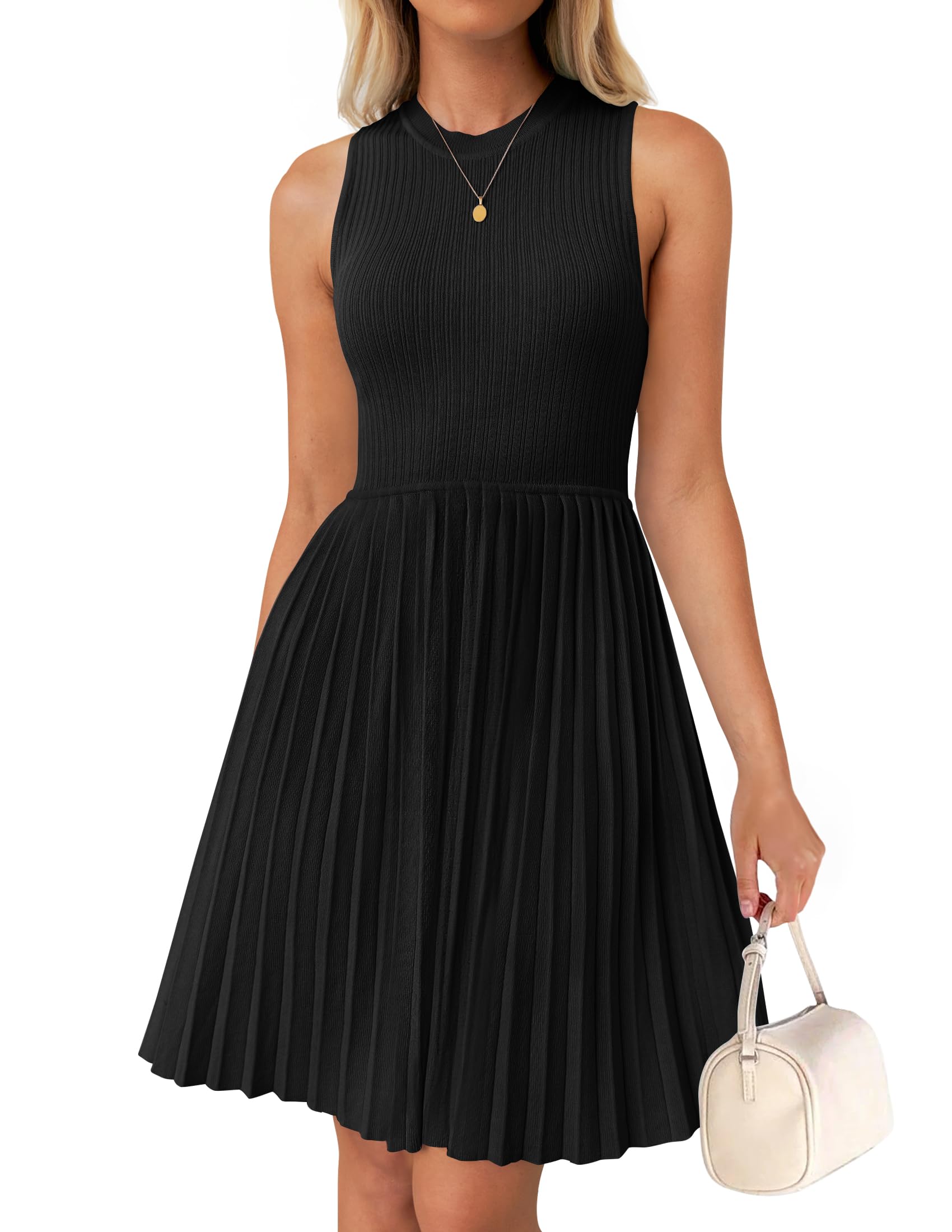 ZESICA Women's Summer Sleeveless Mini Dress - Crewneck Knit A-Line Pleated Swing Dress for Casual Wear | Beach Outfit, Date Night, Vacation Dress 2025