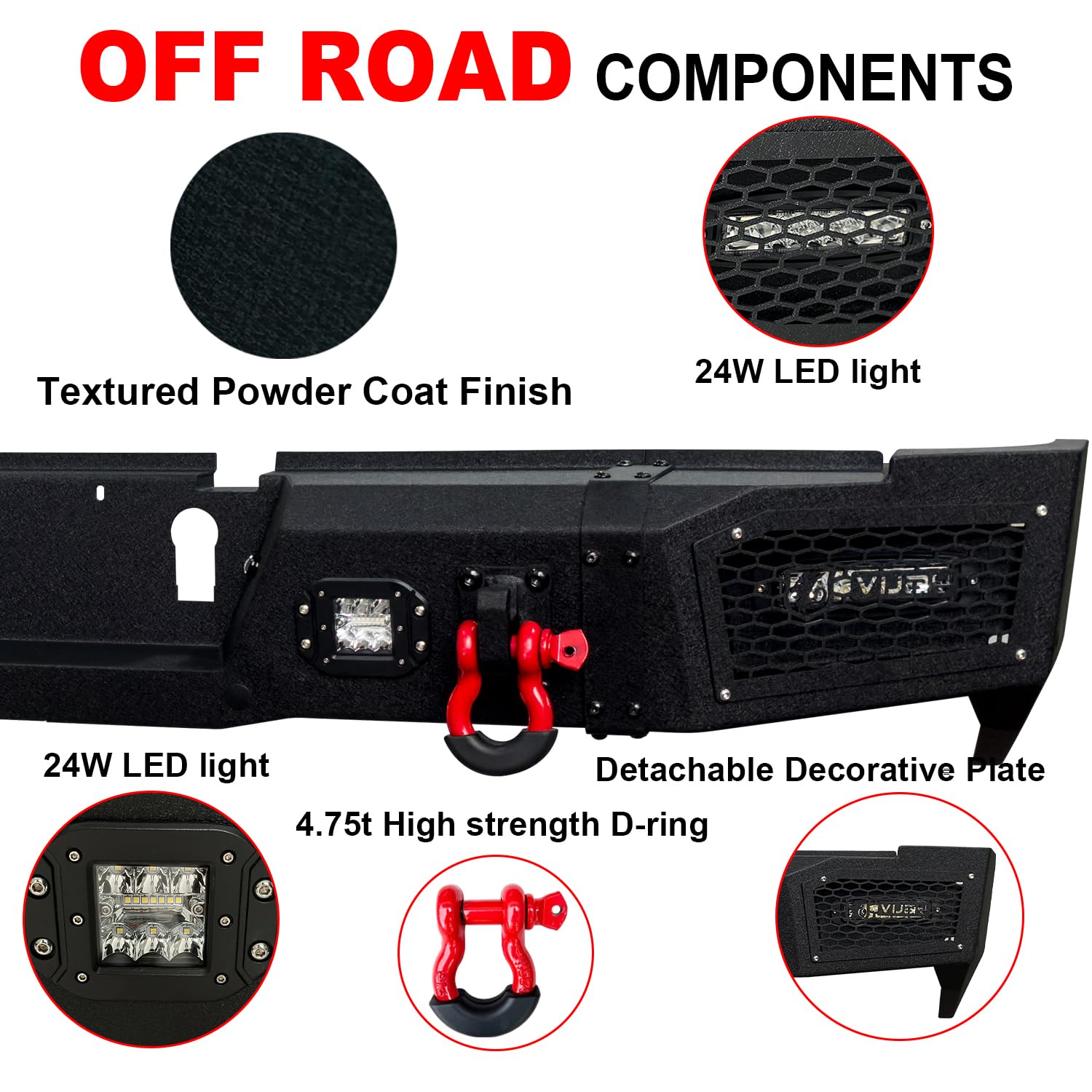 Black Textured Rear Bumper with 4 LED Lights & D-Ring for 2019-2023 Dodge RAM 2500/3500 | Sensor Mounting Hole | Off-Road Protection & Towing Upgrade