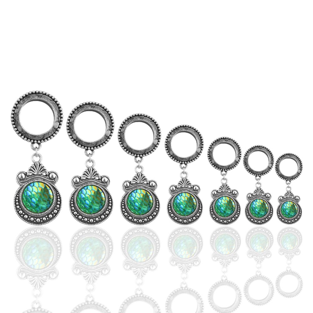 Green Fish Scale Dangle Ear Tunnels - Stretcher Plugs for Body Piercing Jewelry - Perfect for Punk, Gothic & Boho Fashion Styles