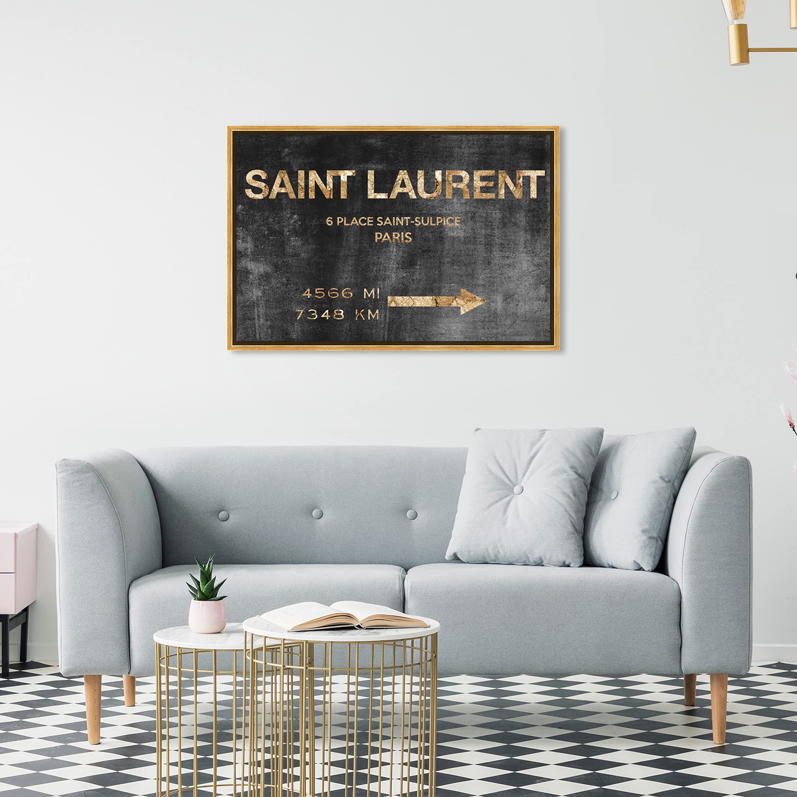 Oliver Gal Modern Canvas Wall Art - Saint Sulpice Road Sign Black & Gold Framed Painting (21.5x31.5 Inch) - Ready to Hang Home Decor for Bedroom, Living Room & Office - Fashion & Glam Wall Art for Contemporary Interior Design