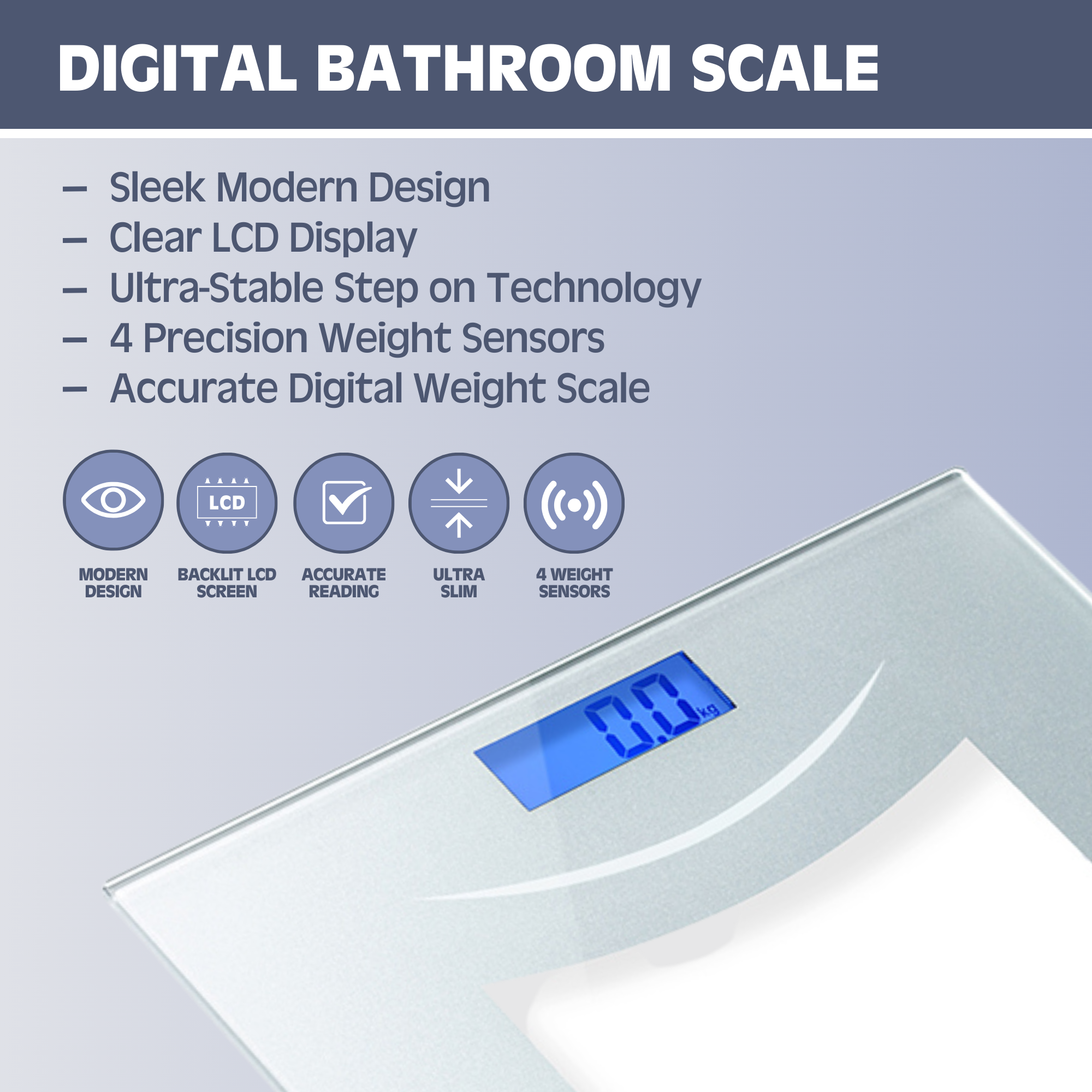 Smart Digital Bathroom Scale - Ultra Thin Auto Step-On Body Weight Scale with Silver Glass Platform - Perfect for Home Gym, Bathroom & Health Tracking