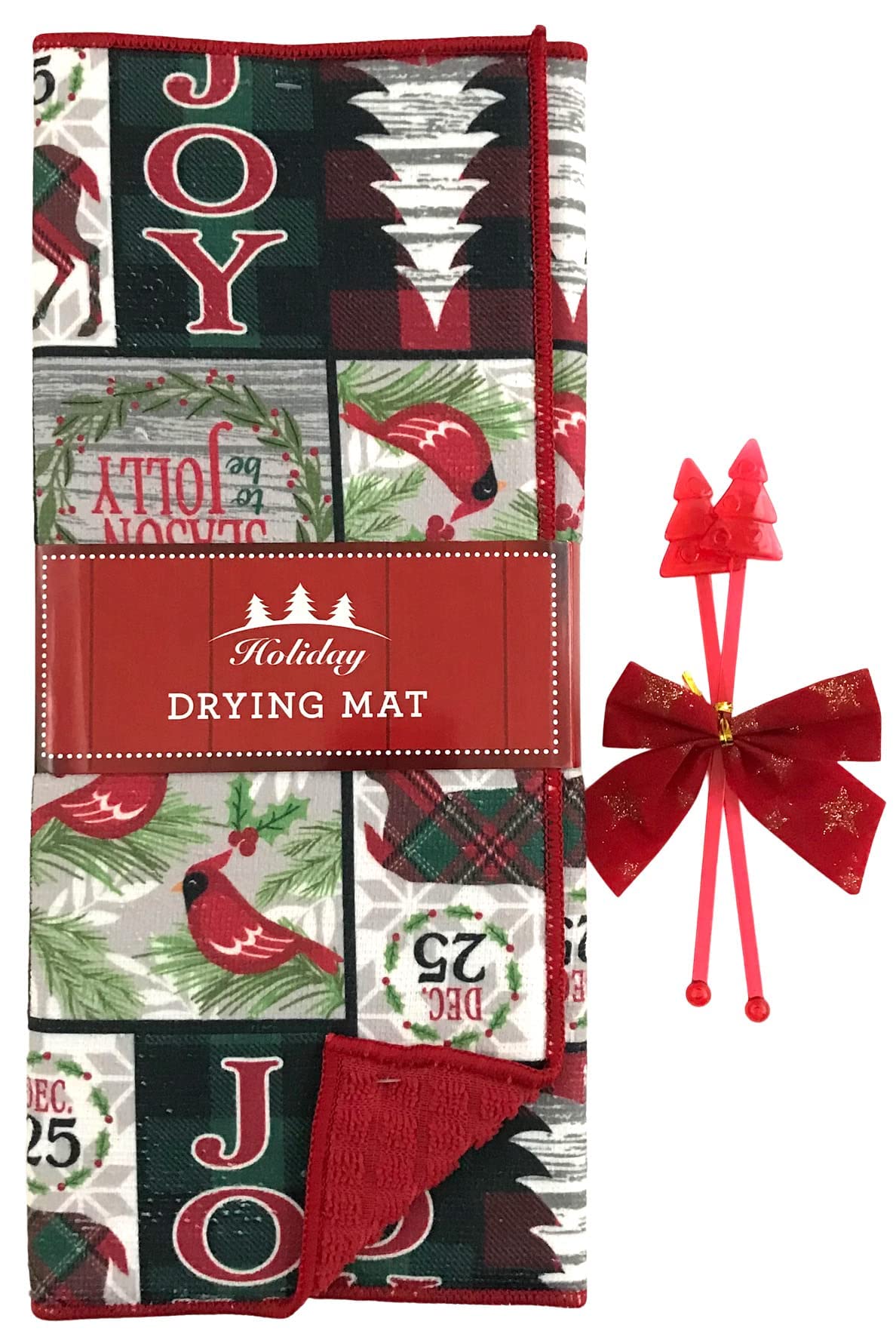 Holiday Christmas Dish Drying Mat - Snowy Trees & Merry Greetings Patchwork Design, Reversible Waffle Texture for Kitchen Decor | Perfect for Holiday Entertaining, Dish Drying & Festive Home Decor