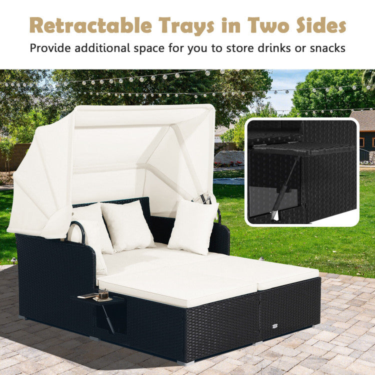Costway Outdoor Patio Rattan Daybed with Retractable Canopy & Side Tables - Black - Perfect for Poolside Lounging, Garden Relaxation & Backyard Sunbathing