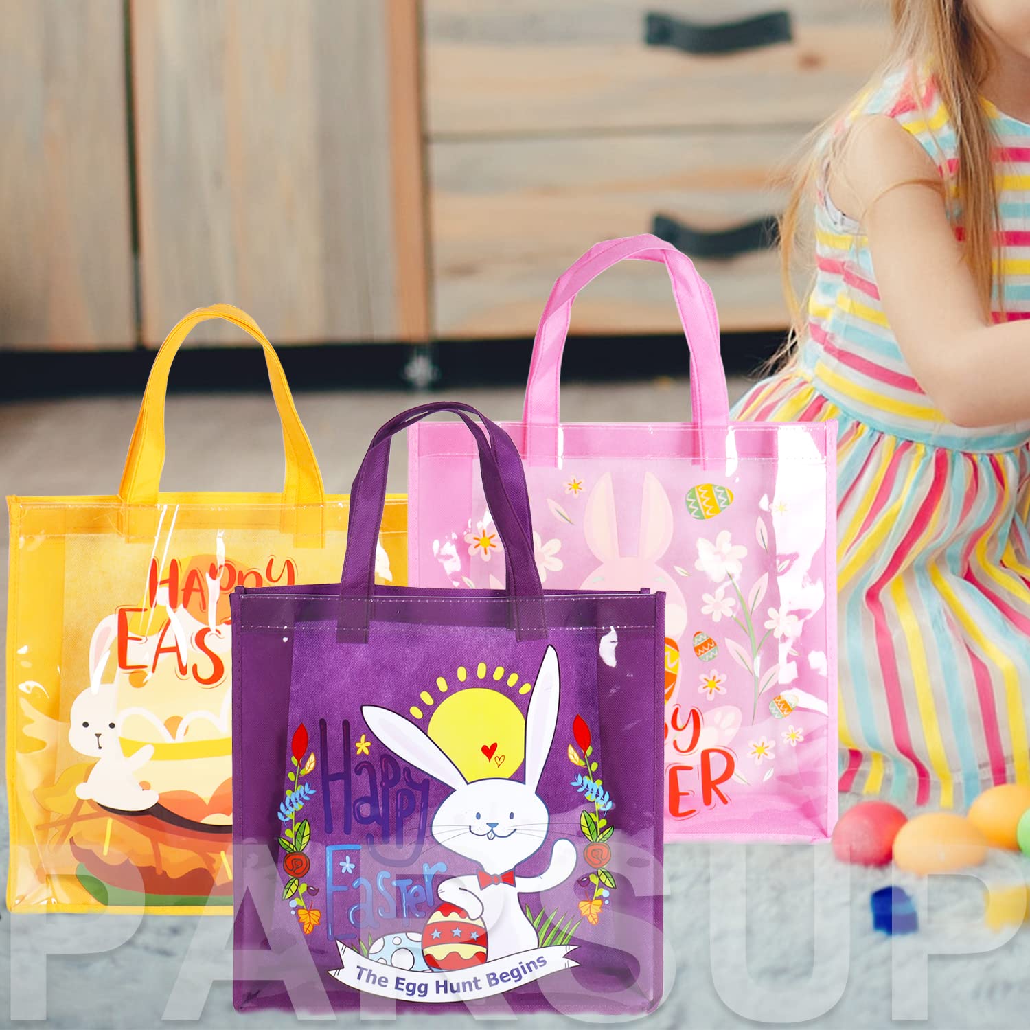 6PCS Easter Egg Hunt Bags - Bunny Carrot Chick Themed Treat Bags with Handles, 13