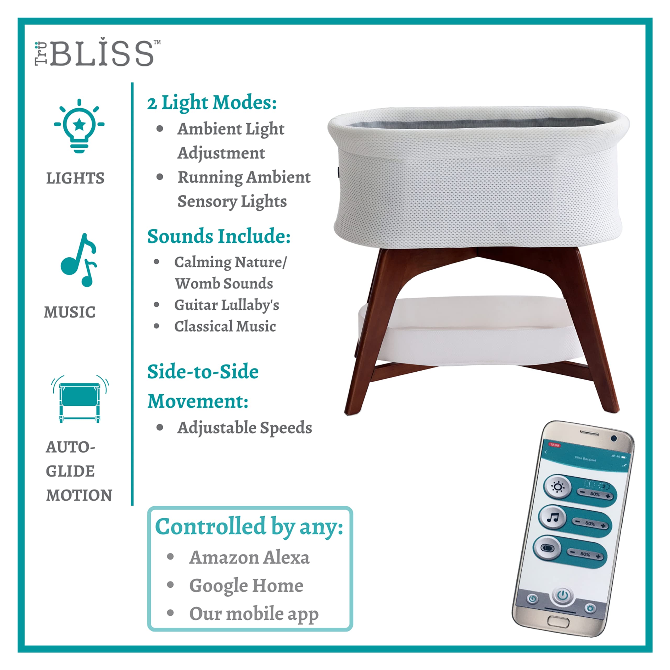 Evi Smart Baby Bassinet with Auto-Glide, Nightlight & Soothing Sounds, Alexa & Google Home Compatible - 2 Soft White Sheets Included - Perfect for Nursery, Bedroom & Travel Use