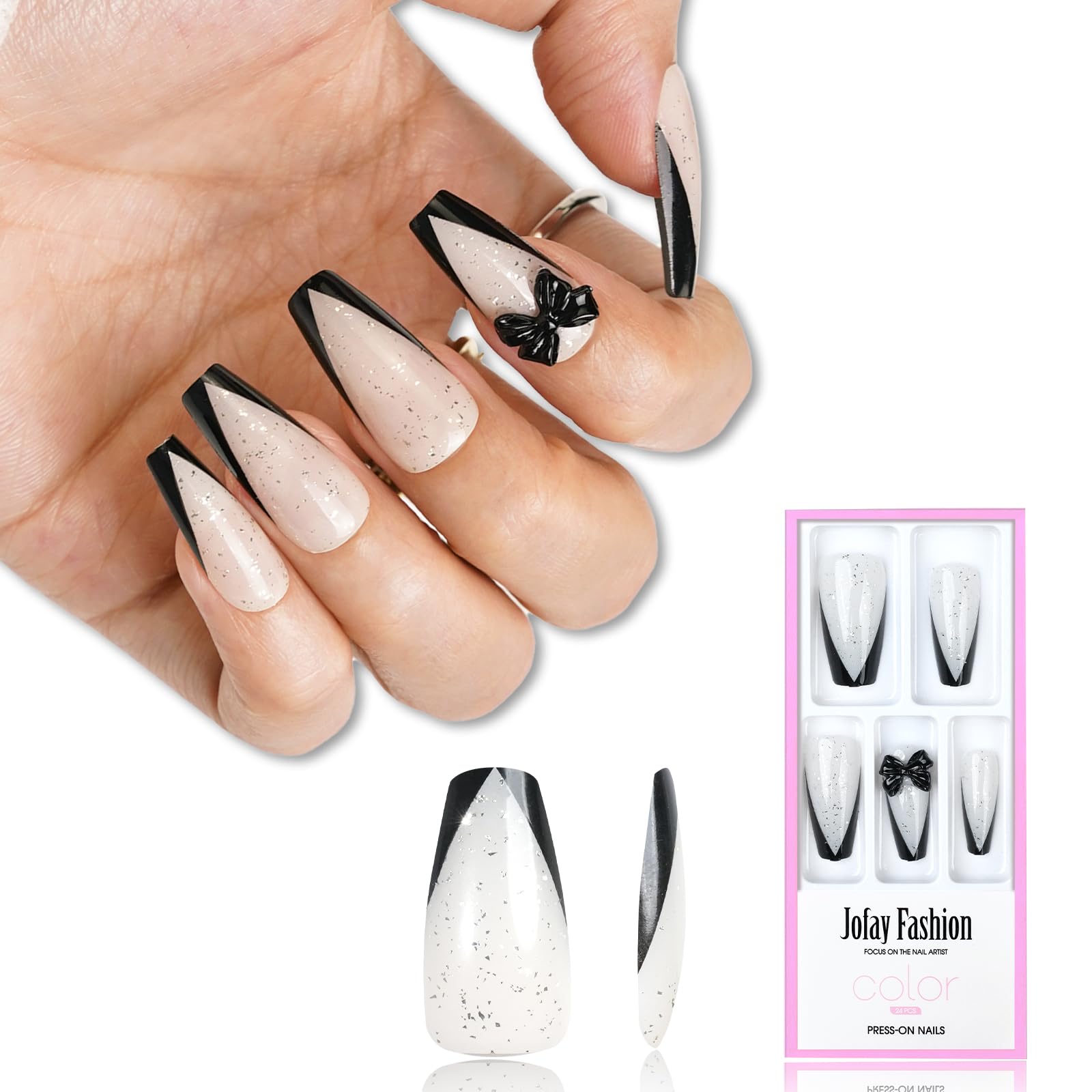 Jofay Fashion Black French Tip Press on Nails - Medium Length Acrylic Fake Nails with Glue, 24pcs Reusable Stick on Nails for Women & Girls - Black Coffin French Design for Parties, Weddings & Daily Wear