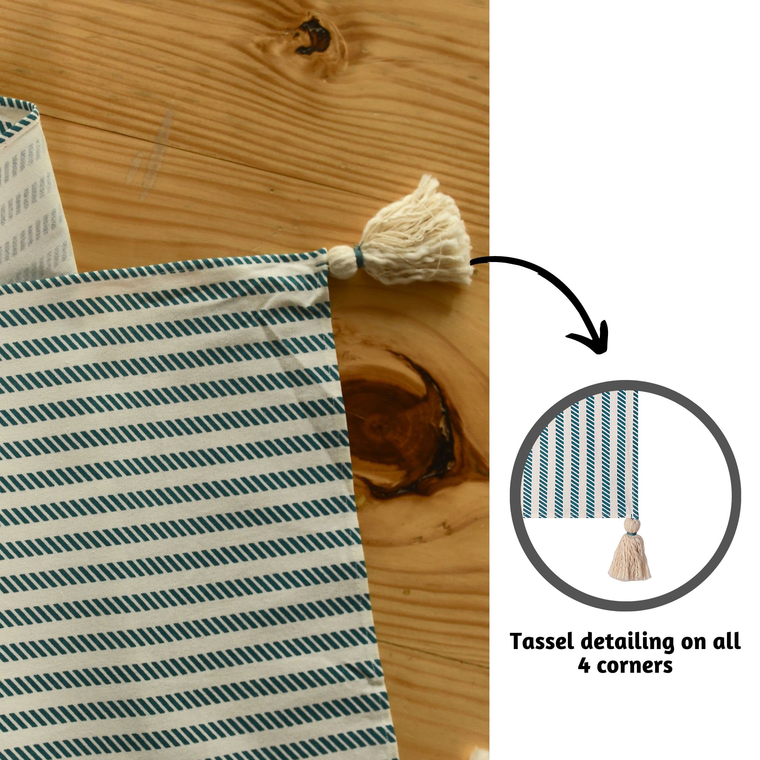 Folkulture 108 Inch Long Cotton Table Runner with Tassels - Farmhouse & Boho Style Kitchen Decor, 14x108 Inches, Teal Stripe - Perfect for Dining Tables, Coffee Tables, and Rustic Home Decor