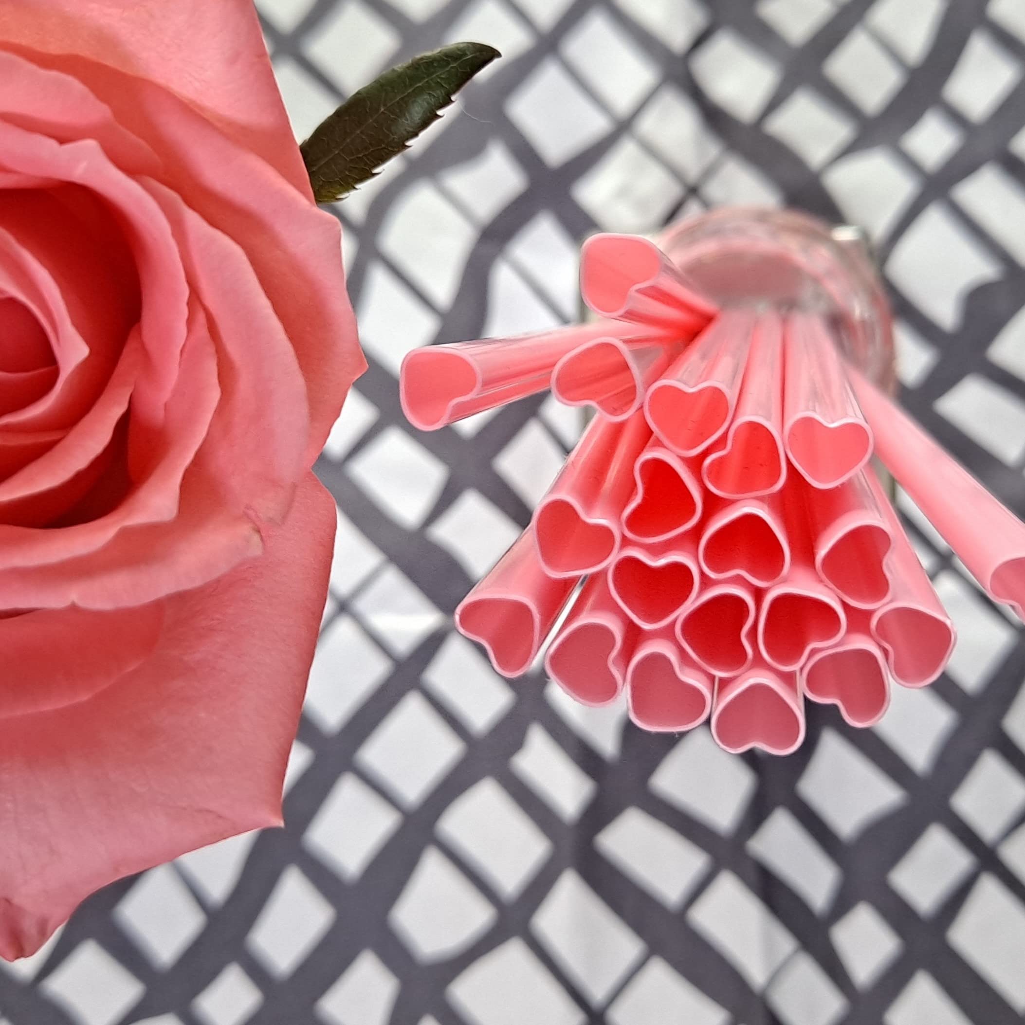 50pcs Heart Shaped Pink Plastic Straws - Disposable Cute Drinking Straws Individually Wrapped for Valentine's Day, Galentine's Day, Bridal Shower, Wedding, Birthday Party Decorations - Perfect for Cocktails, Milkshakes, Smoothies and Party Drinks