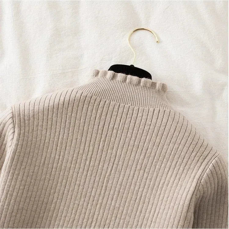 Elegant Winter Ruffled Mock Neck Sweater for Women - Cozy Knit Pullover for Casual Outfits & Holiday Gatherings