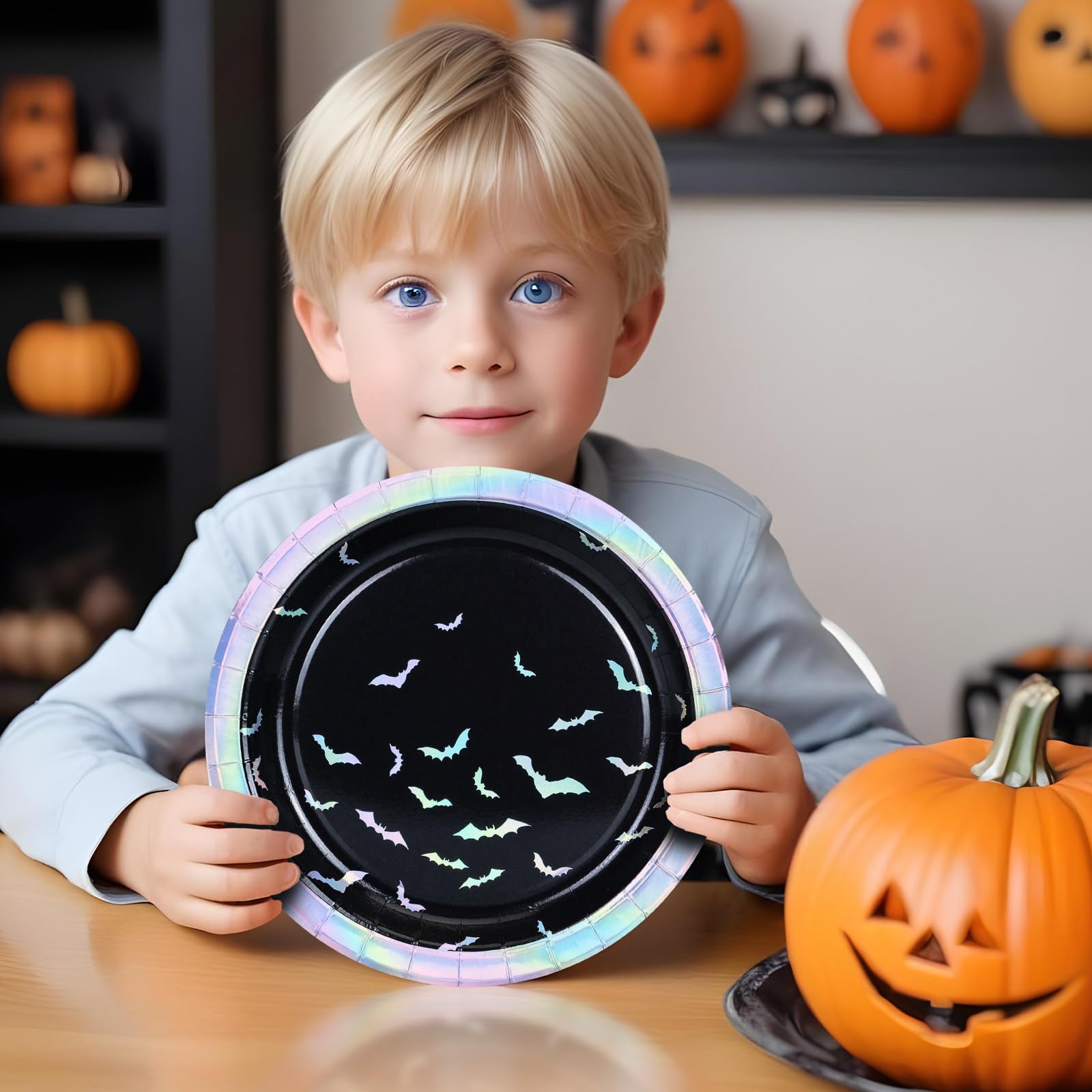 50-Count Halloween Paper Plates - Disposable Dinner Plates with Bats & Iridescent Silver Foil Design for Halloween Party Supplies, Decorations & Spooky Celebrations