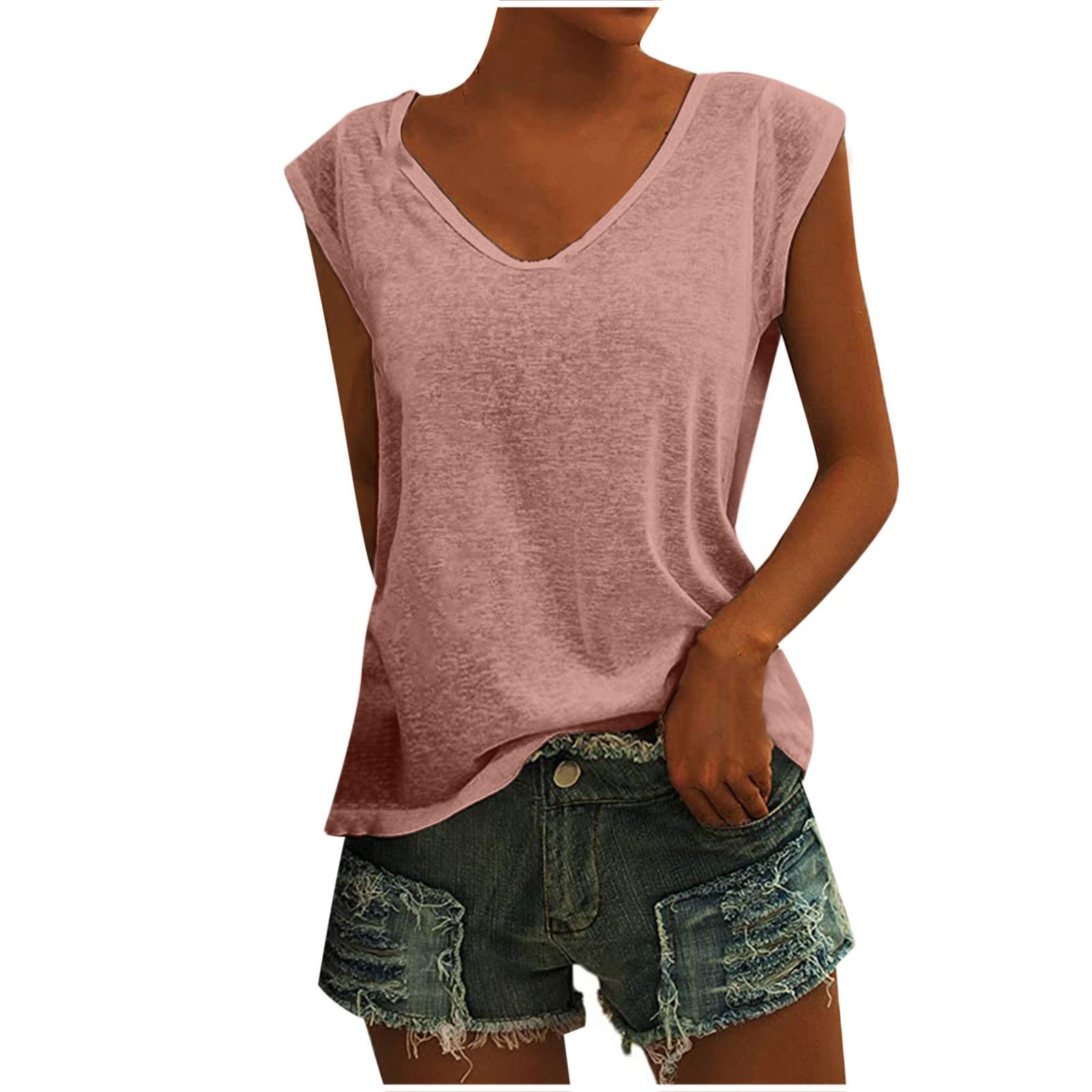 TUNUSKAT Women's Cap Sleeve V-Neck Tank Tops - Soft Loose Casual Sleeveless Tee Shirt for Summer, Workout, Yoga & Everyday Wear