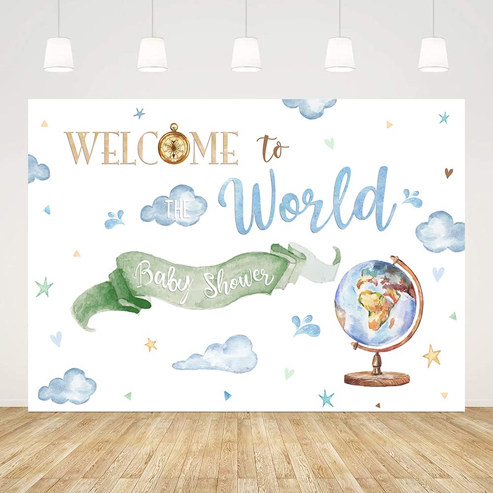 7x5ft Welcome to The World Baby Shower Backdrop - World Adventure Theme for Baby Girl & Boy - Watercolor Photography Background Vinyl Decor - Perfect for Baby Showers, Photo Shoots & Nursery Decor