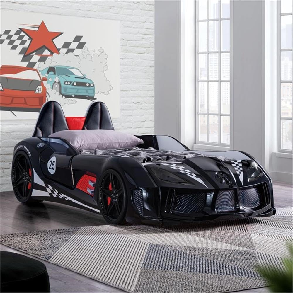 Furniture of America Sonet Plastic Twin Race Black Car Bed with LED Lights - Fun Kids Bedroom Decor for Boys & Girls, Perfect for Themed Rooms & Play Areas