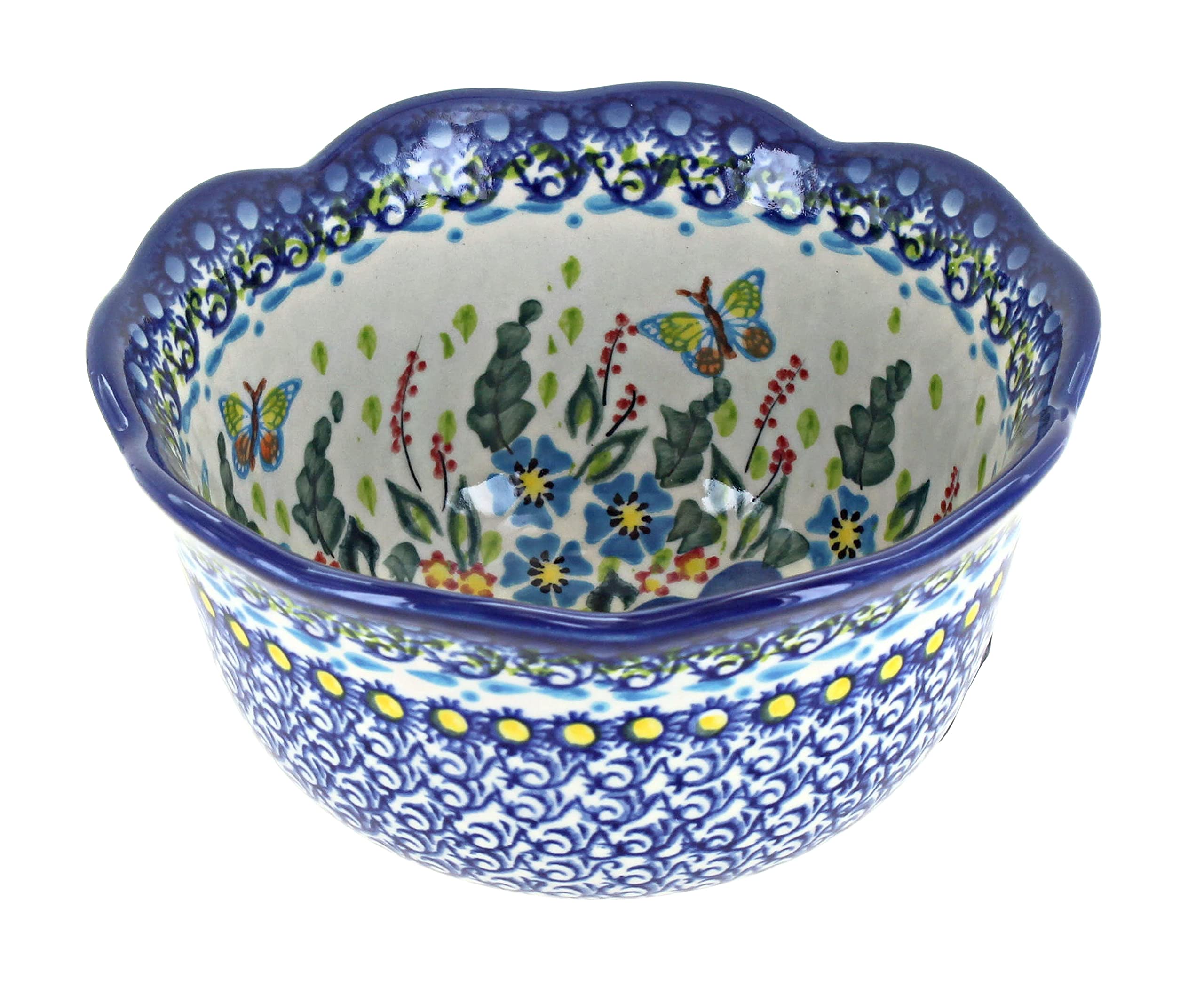 Blue Rose Polish Pottery Deep Scallop Bowl - Handmade Ceramic Serving Dish for Soups, Salads & Decor | Perfect for Dining, Gifts & Home Decor