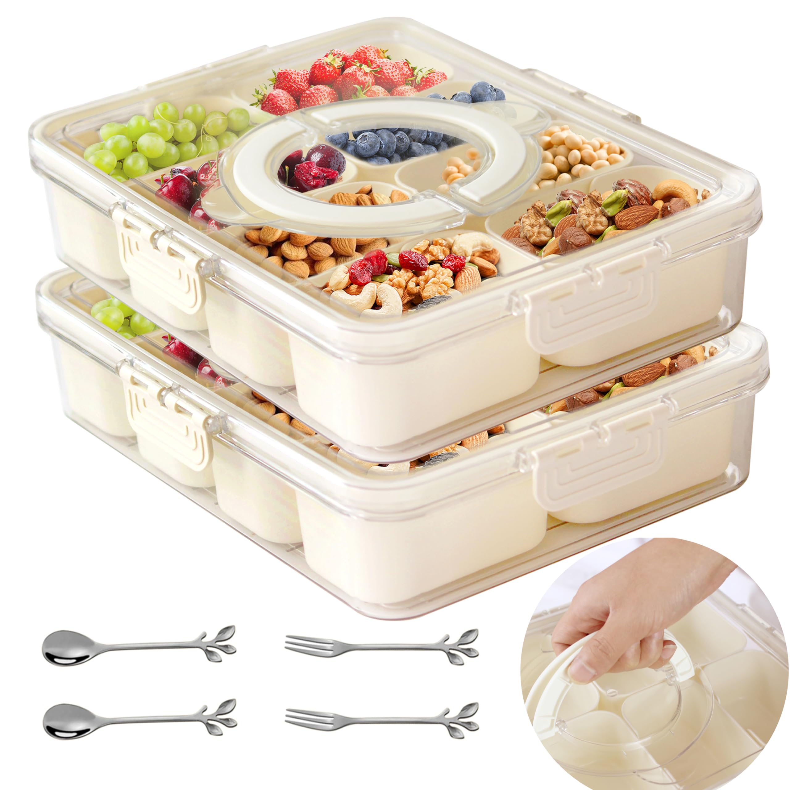 Snackle Box Container - 8 Compartment Divided Serving Tray with Lid & Handle | Portable Dry Fruit & Snack Storage Organizer | Perfect for Kitchen, Party, Picnic, Travel, Office & School Lunch