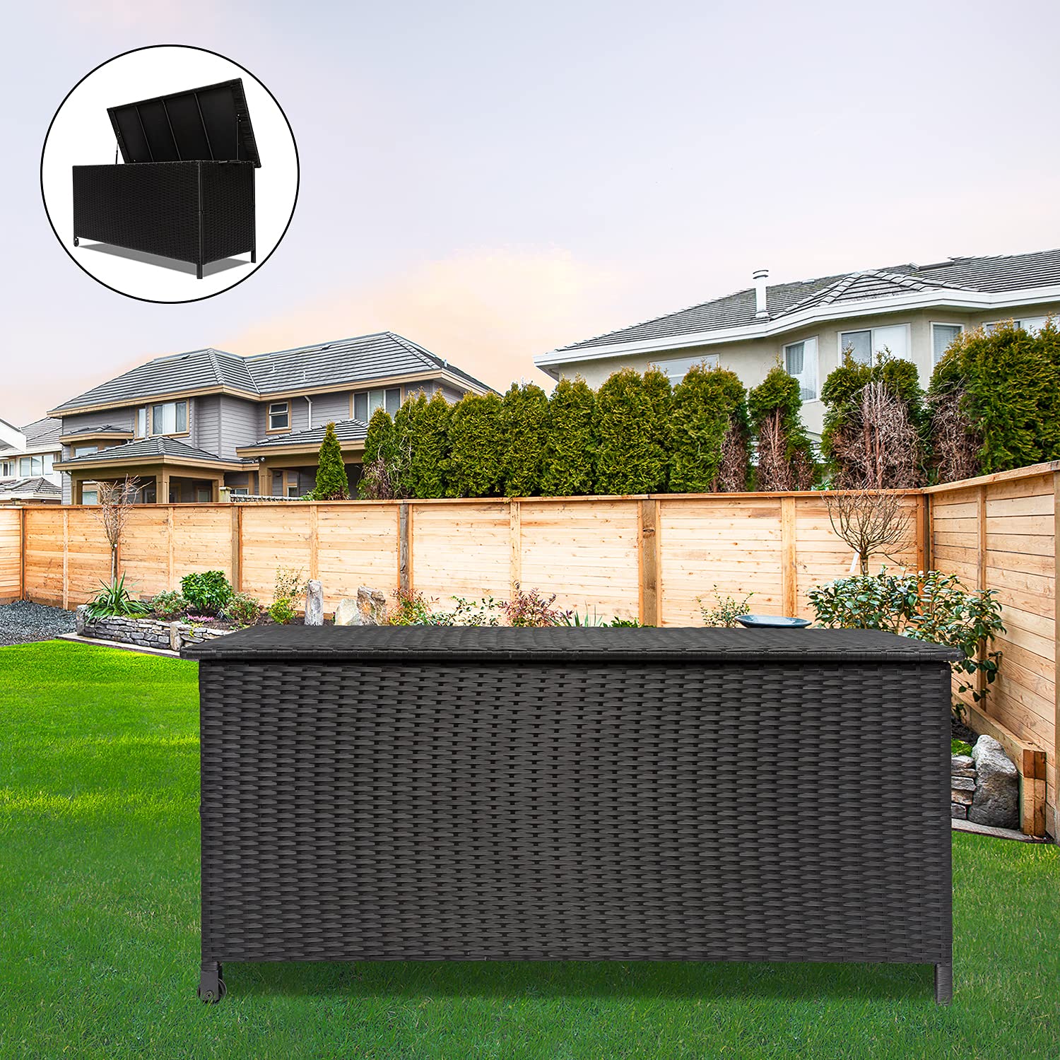 120 Gallon Outdoor Deck Box Storage Container - Rattan Wicker Patio Storage with Wheels & Handles for Furniture Cushions, Garden Tools, Pool Toys | Weatherproof Deck Box for Backyard, Patio, Poolside (Black)