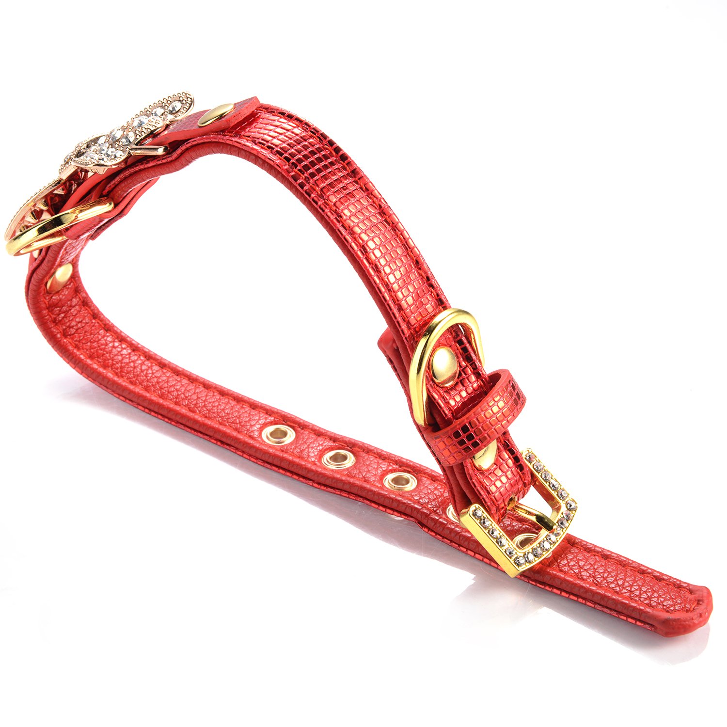 **LOVPE Gold Bling Diamond Glitter Leather Fashion Collar with Ring for Small Dogs & Cats - XS, Red | Walking, Travel, Party & Gifts for Puppy, Kitty, Poodle, Bulldog & Yorkshire Terrier**    *(Use for daily walks, pet parties, travel adventures, and stylish photo shoots!)*