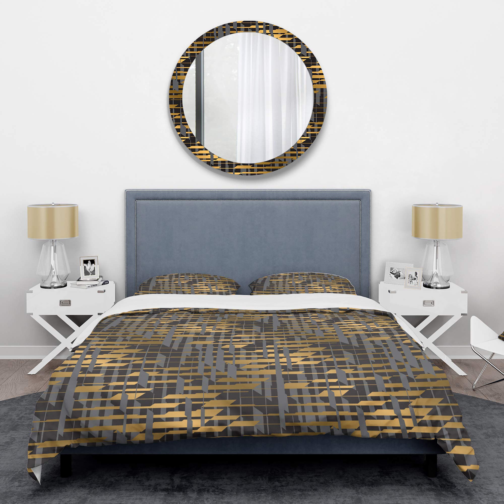 DesignQ Gold Checkered Mid-Century Modern Duvet Cover Set - King Size 3-Piece Bedding (Duvet Cover + 2 Pillow Shams) - All Season Luxury Bed Sheets for Vintage Home Decor - Perfect for Master Bedroom, Guest Room & Bohemian Style Interiors
