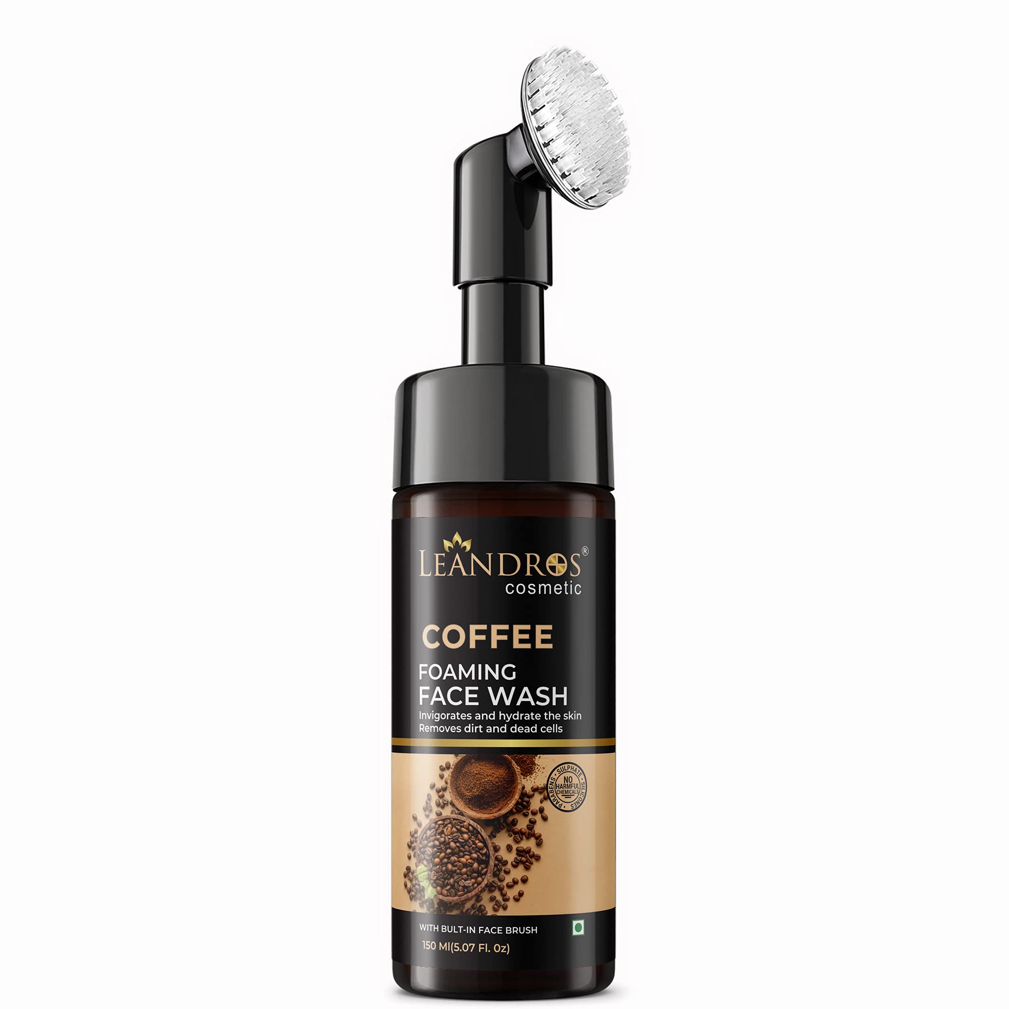 LEANDROS Brightening Coffee Foaming Face Wash with Built-In Face Brush - Gentle Exfoliating Cleanser for Smooth & Supple Skin - Paraben, Sulfate, Silicone & Color Free - 150ml (for Women & Men) - Perfect for Morning Routine & Deep Cleansing Before Bed