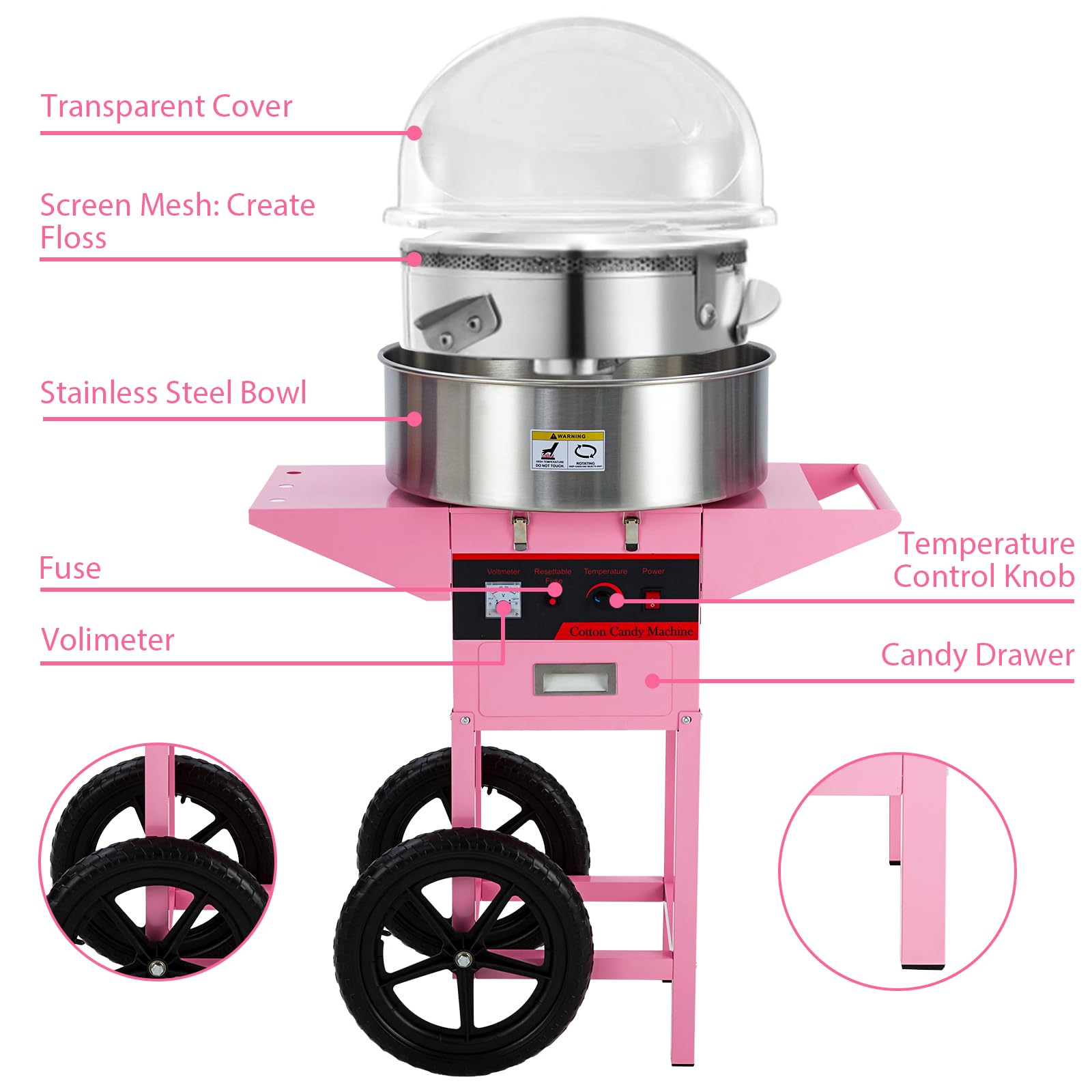 Pink Commercial Cotton Candy Machine with Cart - Stainless Steel Bowl, Sugar Scoop & Drawer for Parties, Carnivals, Fairs & Home Use - Family Fun Cotton Candy Maker (No Lid)