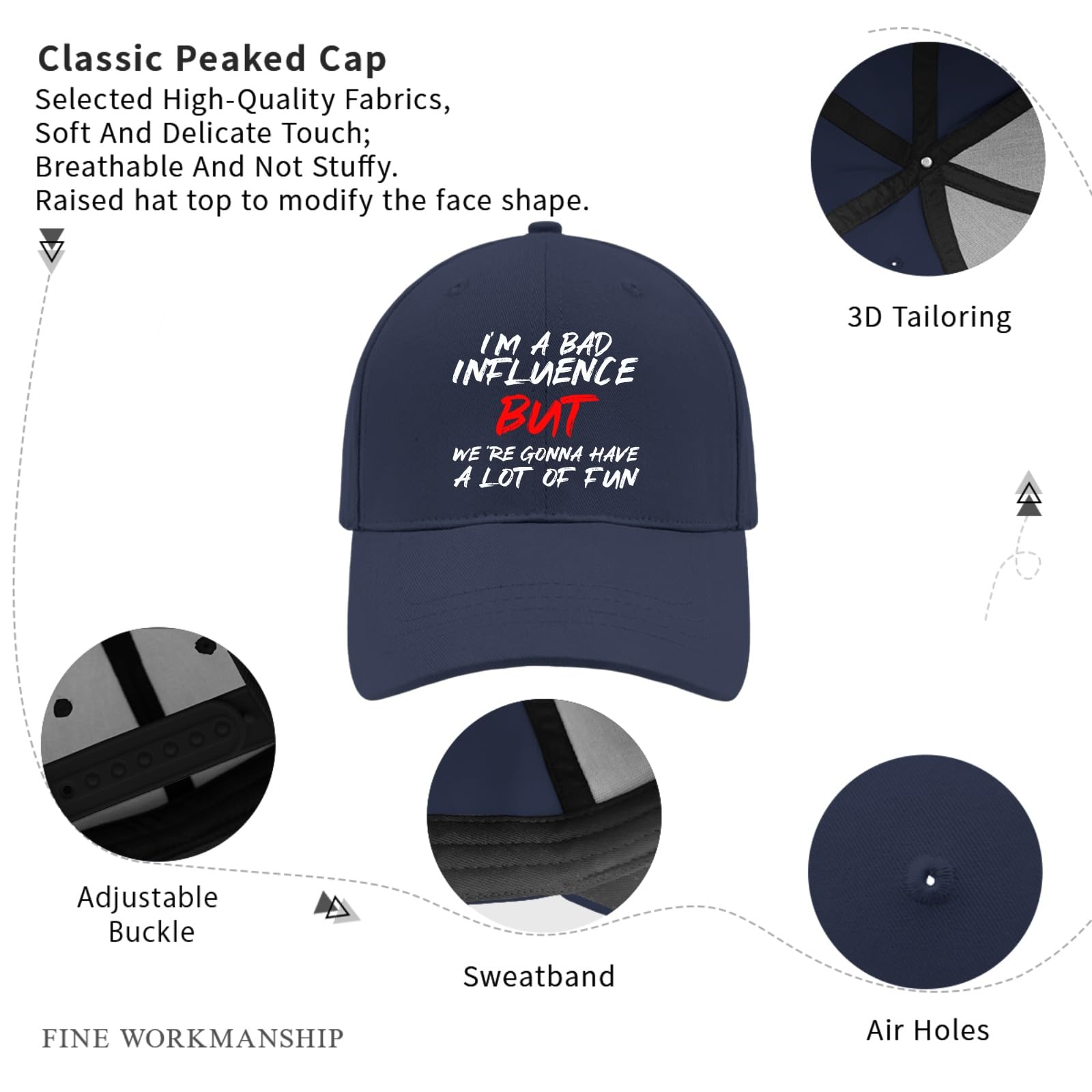 Funny Sarcastic Baseball Hat for Women & Men - Lightweight Fitted Cap for Running, Golf & Sun Protection - Bad Influence But Damn Fun Hat for Sports & Outdoor Activities