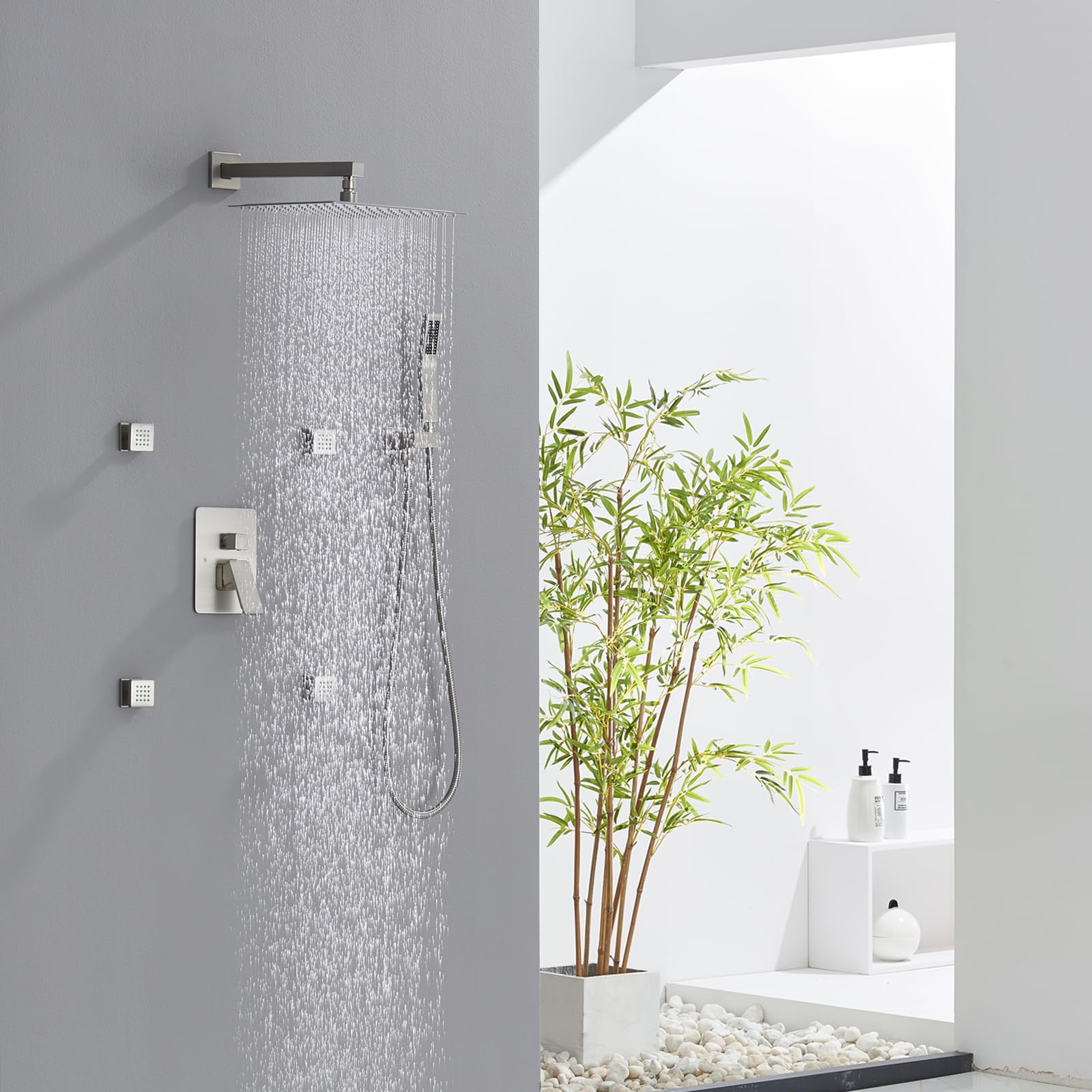 12 Inch Rain Shower System with Body Jets - Powerful Rainfall Shower Head & Handheld Spray - Brushed Nickel Concealed Shower Faucet Set - Perfect for Spa-Like Bathroom Experience & Luxury Home Renovation