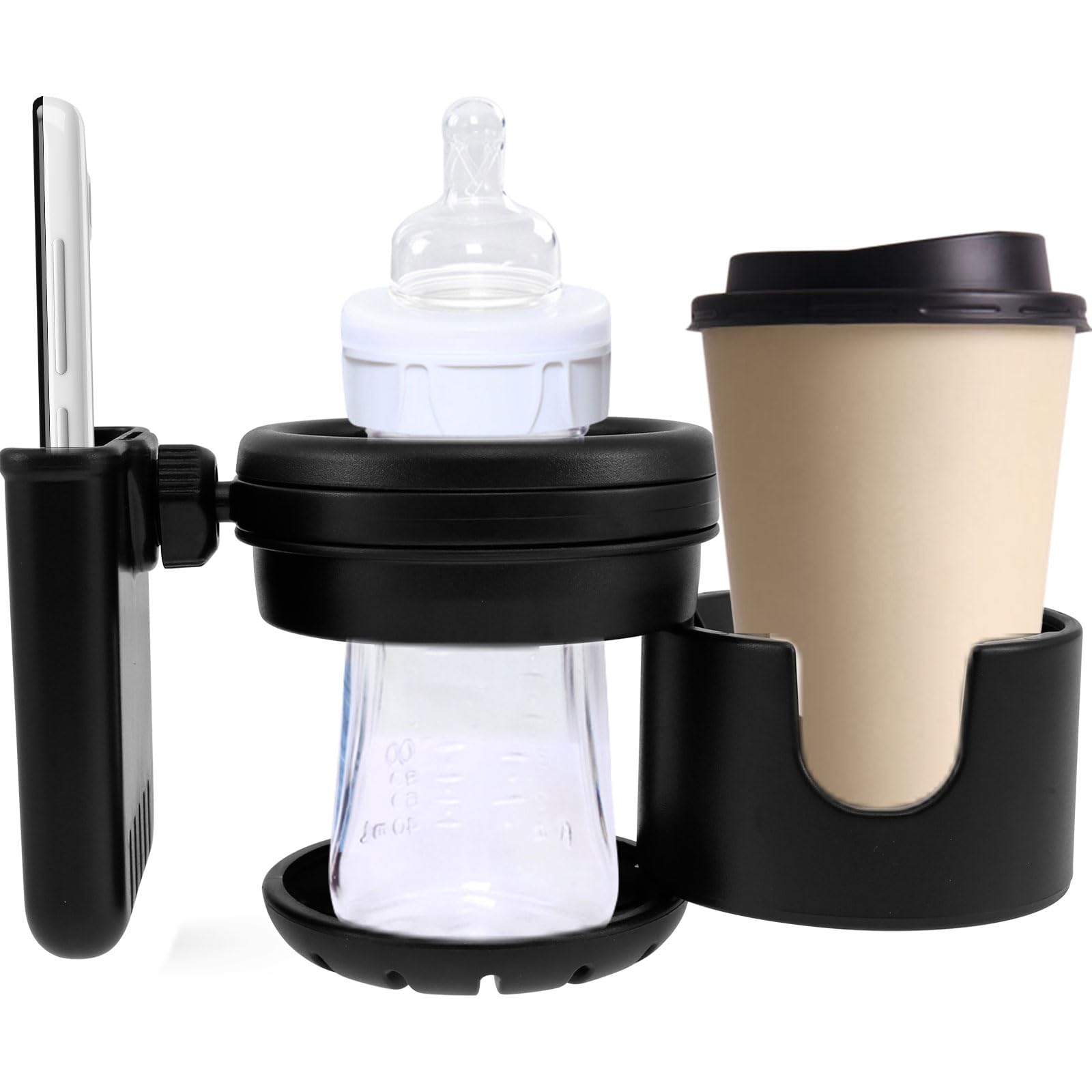 Universal Baby Stroller Cup Holder with Phone Pocket - Retractable, Non-Slip Stroller & Bike Drink Holder - Black Stroller Organizer Accessories for Parents On-The-Go (Perfect for Walks, Jogging & Shopping Trips)