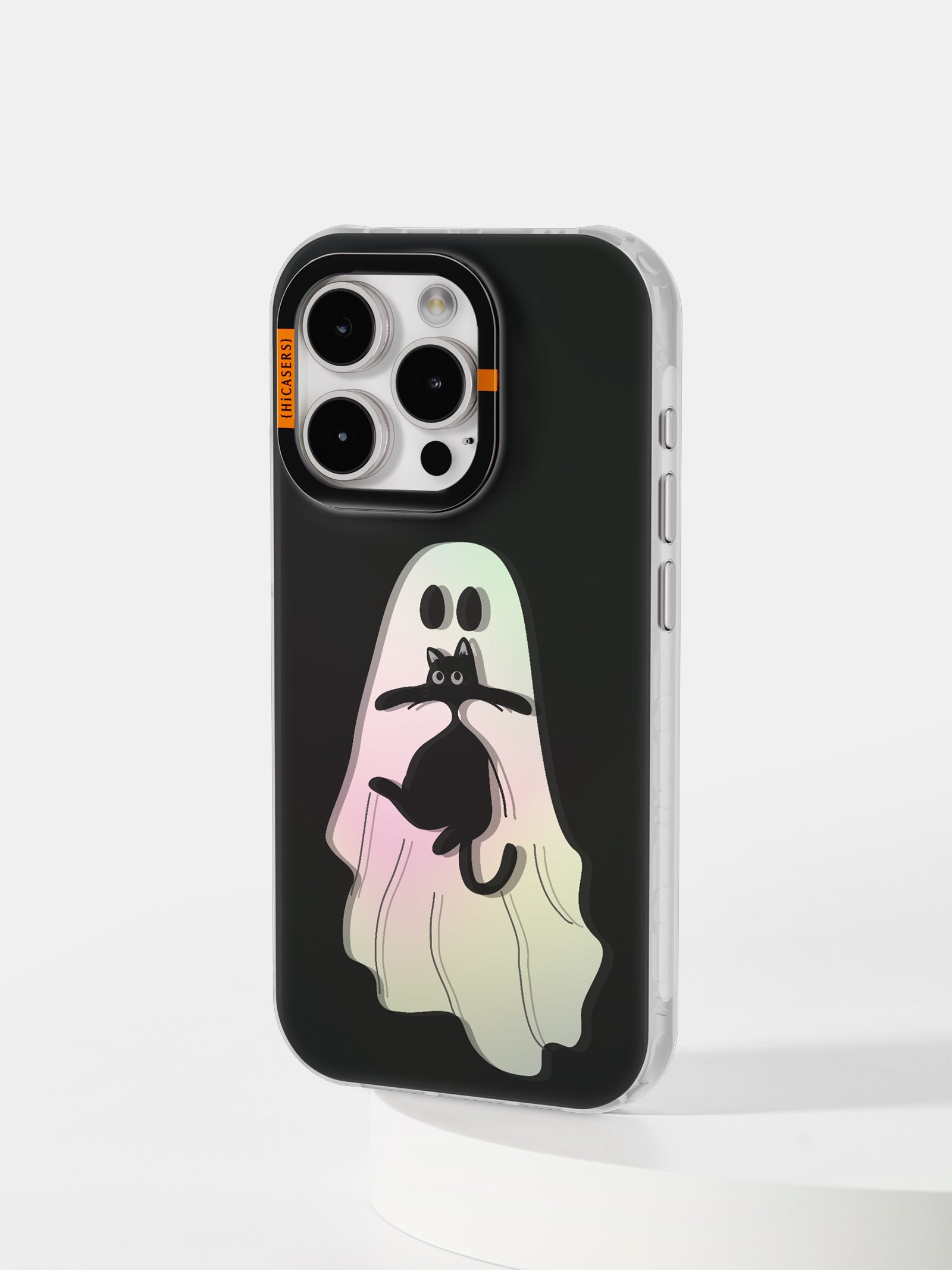 Ghost & Cat Iridescent Mirror Phone Case - Black | Shatterproof Protective Cover for iPhone & Samsung | Perfect for Parties, Concerts & Nightlife