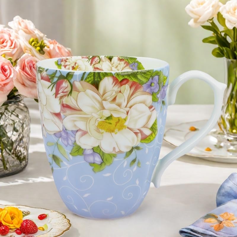 14oz Floral Bone China Coffee Mugs - Elegant Tea Cups for Women, Perfect Gift for Mom & Friends | Ideal for Home, Office & Cafe Use
