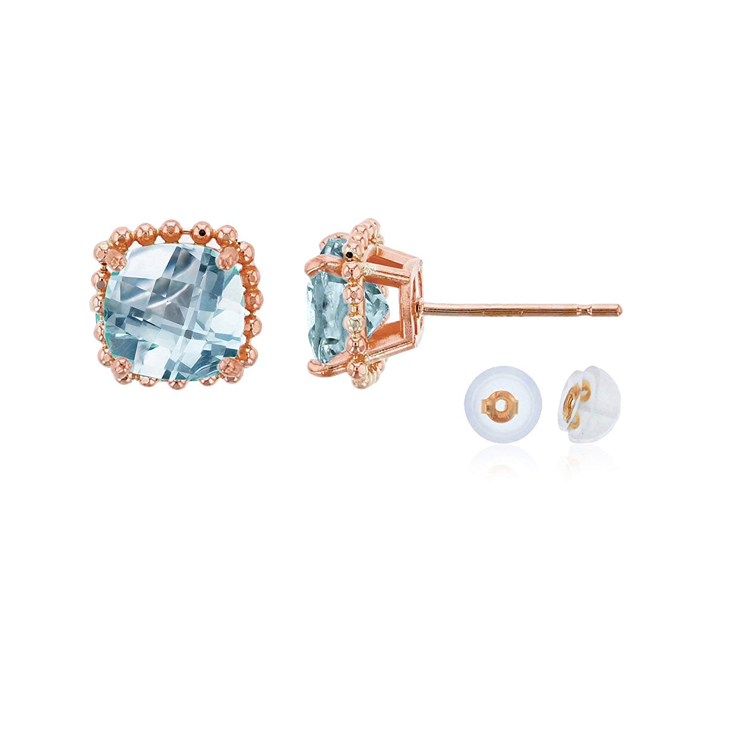 10K Yellow Gold 6x6mm Cushion Cut Bead Frame Stud Earrings with Silicone Backs - Elegant Everyday Jewelry for Women, Perfect for Work, Parties & Special Occasions