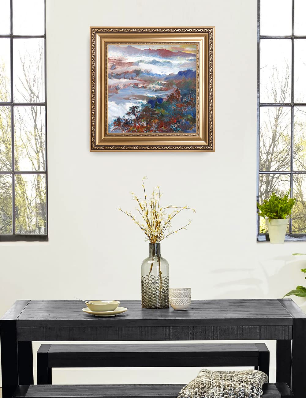 DECORARTS - David Ma Mountain Overlook Abstract Landscape Wall Art Print in Classic Golden Frame, 22x22 Inches, Ready to Hang - Perfect for Living Room, Bedroom & Office Decor