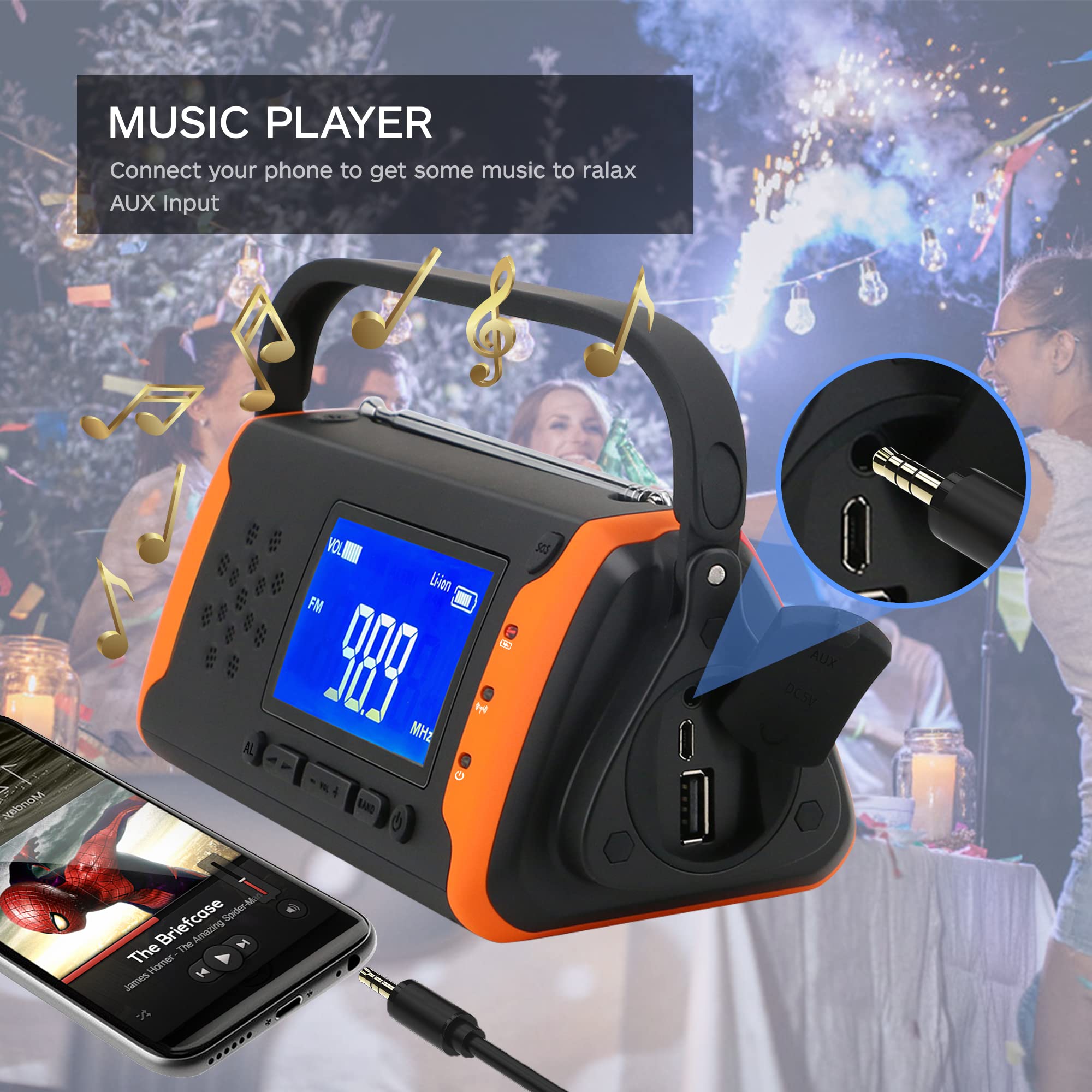 14800mAh NOAA Weather Alert Emergency Radio - Solar & Hand Crank Portable Radio with LCD Display, Flashlight, SOS Alarm, USB Phone Charger & AUX Music Player for Camping, Hiking, Power Outages & Survival Kits