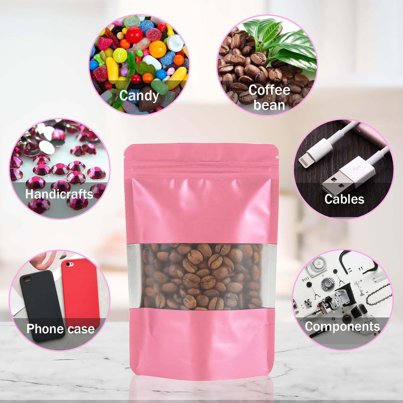 100 Pack Resealable Mylar Bags with Clear Window & Zipper Lock - 3.5
