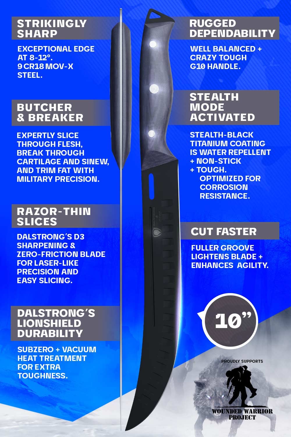 Dalstrong 10-Inch Butcher Knife - Ultra-Thin Zero Friction Blade with HC 9CR18MOV Steel & Black Titanium Nitride Coating - Delta Wolf Series Breaking Knife - Ergonomic G10 Camo Handle & Leather Sheath - Perfect for Meat Cutting, Butchering, and Professional Kitchen Use
