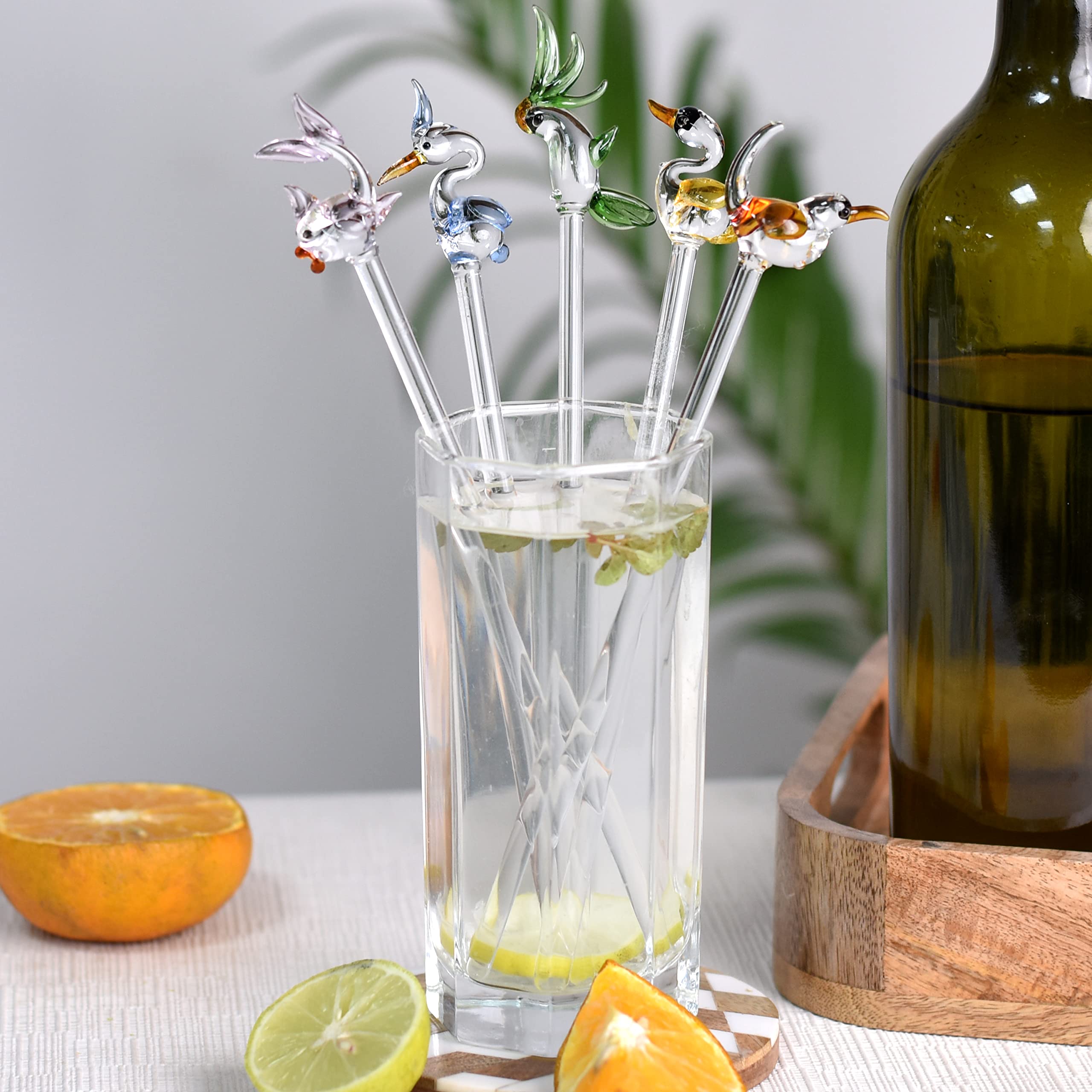 6-Piece Indian Shelf Glass Drink Stirrer Set - Reusable Swizzle Sticks for Cocktails & Coffee - Bar Accessories for Mixing Drinks (Perfect for Home Bars, Coffee Shops & Party Cocktails)
