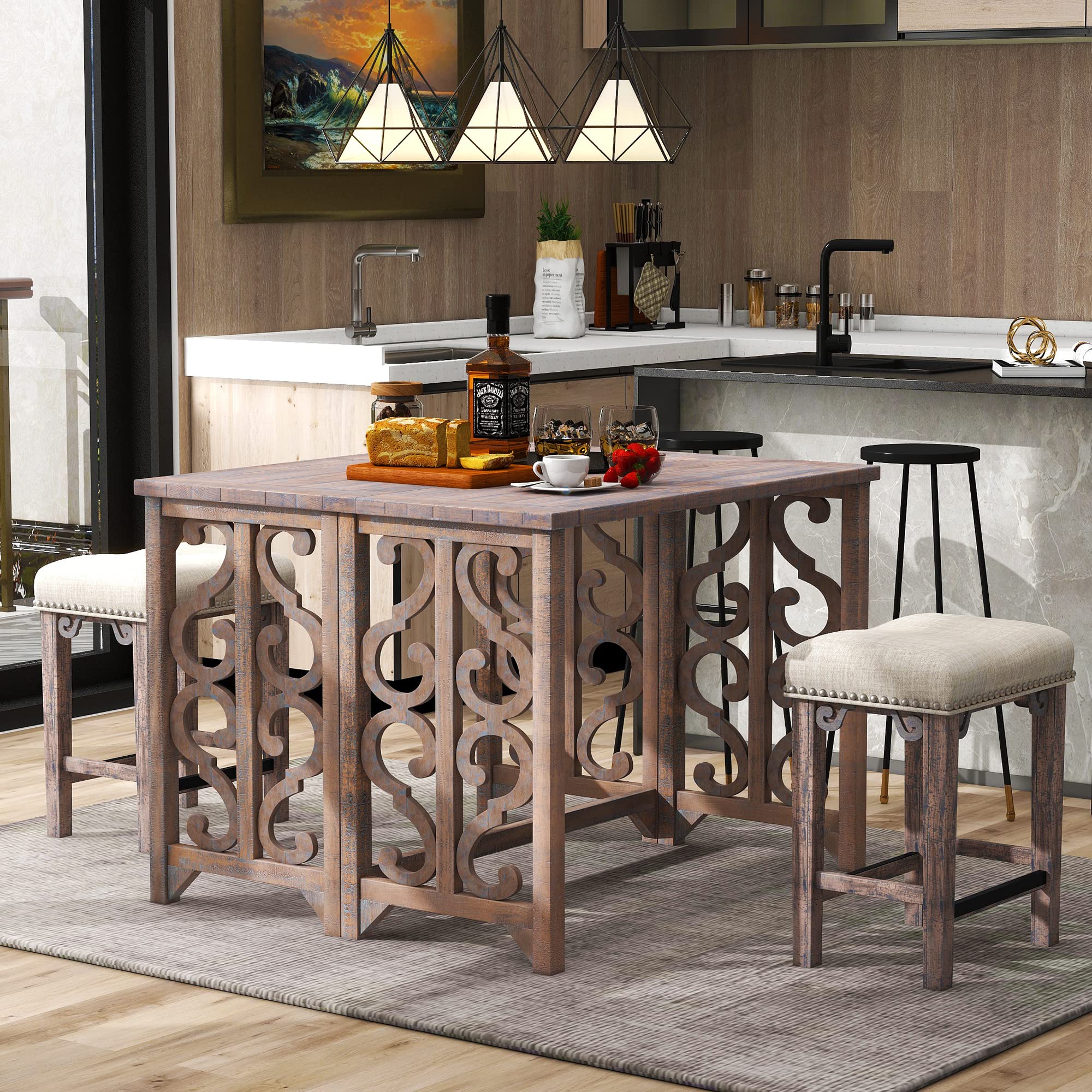 Kisyapoo 3-Piece Retro Dining Table Set - Solid Wood Counter Height Pub Table with 2 Padded Stools, Foldable Space-Saving Design for Kitchen, Home Bar or Small Spaces (Distressed Brown) | Perfect for Apartments, Breakfast Nooks & Entertaining Guests